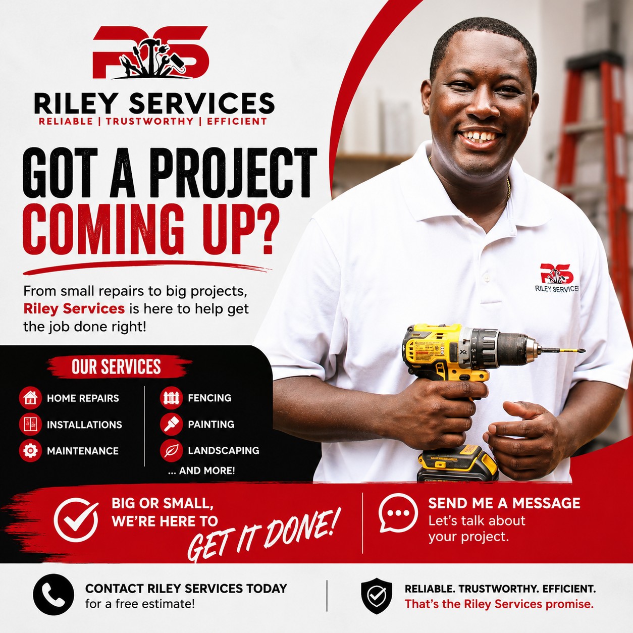 If you have any handyman projects coming up, I'd love the opportunity to help! Whether it's home repairs, installations, maintenance, fencing, painting, landscaping, or those small jobs you've been putting off, Riley Services is ready to get it done.
Send me a message and let's talk about your project. No job is too small!
📞 Contact Riley Services today for a free estimate.
#HandymanServices #HomeRepairs #RileyServices #LocalBusiness #HomeMaintenance #GetItDone #HandymanNearMe