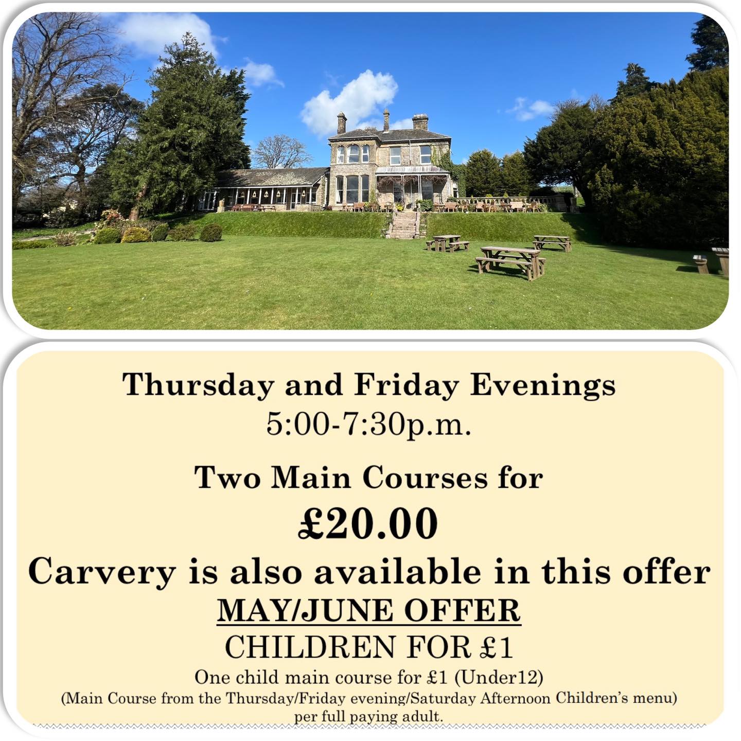 Thursday and Friday Evenings
2 Main courses including carvery for £20
Kids special in June - Main course for £1 (see terms)
01900 824400
#carvery #thursday #£1
01900 824400