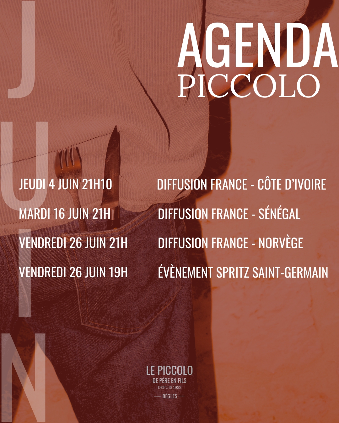 Le Piccolo passe en mode été : découvrez le programme de juin !
⚽ Tous les matchs des Bleus à vivre sur écran géant dans une ambiance de folie.
🍊 Soirée Spritz Saint-Germain : cocktails, bonne humeur et vibes estivales au programme.
✨ Et ce n'est que le début... Quelques surprises arrivent très bientôt !
📲 Restez connectés, le mois de juin nous réserve encore de belles choses chez Piccolo.❤️
🍽 Cuisine familiale
📍 434 Rte de Toulouse, Bègles
⏱ Ouvert du mardi au vendredi midi et soir
le samedi uniquement le midi
#Bordeauxmaville
#Begles #quoifaireabordeaux
#bordeauxfood #bordeauxtopfood
#bordeauxresto
#bonnesadressebordeaux
#oumangerbordeaux
#Piccolo #piccolorestaurant