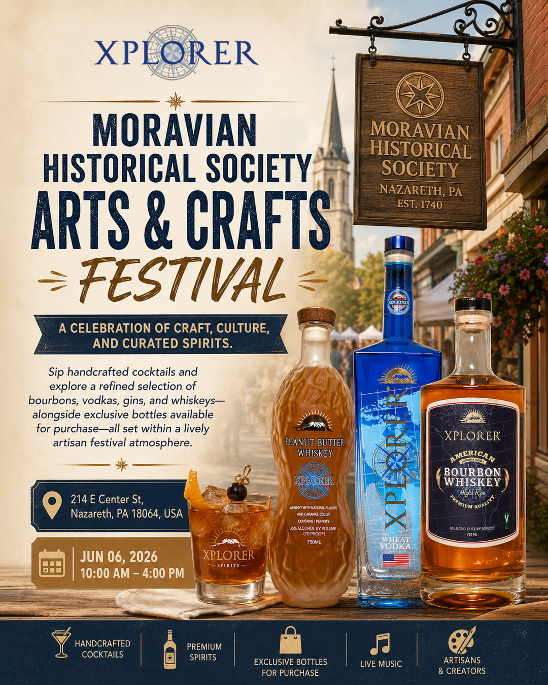 Where craft meets culture in every pour. 🥃✨
Join us at the Moravian Historical Society Arts & Crafts Festival for a day of handcrafted cocktails, curated spirits, and exclusive bottles in a vibrant artisan atmosphere.
📍 214 E Center St, Nazareth, PA
🗓️ Jun 06, 2026
⏰ 10:00 AM – 4:00 PM
Sip, shop, and celebrate the spirit of craft.
#ArtsAndCraftsFestival #MoravianHistoricalSociety #CraftSpirits #FestivalVibes #XplorerSpirits