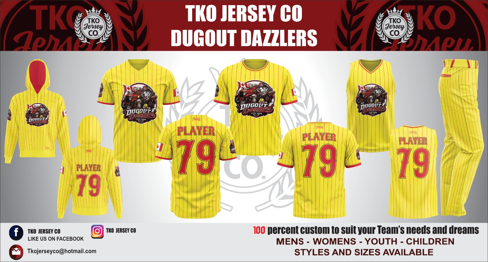 DUGOUT DAZZLERS.
Yellow pinstripes. Red trim. A mascot logo that looks like it came straight out of a vintage baseball card.
Button-up jersey. Tank top. Hoodie. Pants. Everything in that butter yellow with red piping. The kind of kit that makes the other team say "that's actually fire" and then pretend they didn't.
The Dugout Dazzlers came to dazzle. Mission accomplished.