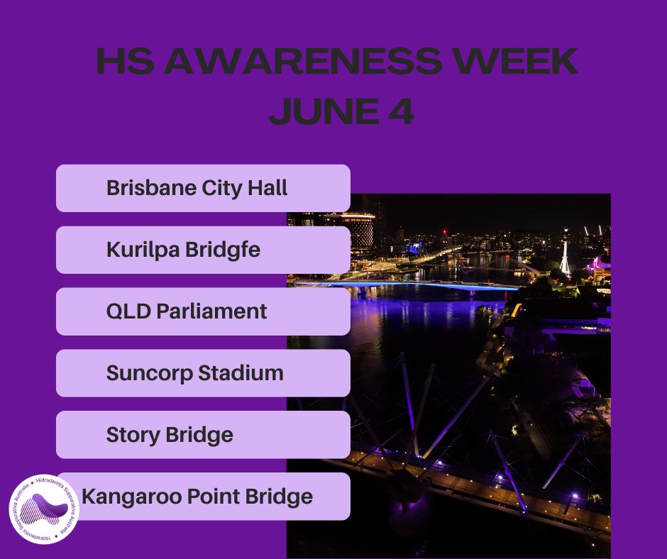 THURSDAY IS THE BEST DAY!!!
A reminder that today all of Brisbane and more will turn purple as we walk across Kurilpa Bridge 5pm today. Hope to see you there!
Some of the landmarks purple today are:
Brisbane City Hall, Brisbane. QLD
King George Square, Brisbane. QLD
Story Bridge, Brisbane. QLD.
Victoria Bridge, Brisbane, QLD.
Reddacliff Place Steam Sculptures - Donna Marcus Steam 2006, CBD,
Brisbane, QLD.
Breakfast Creek Bridge, Newstead, Brisbane, QLD.
Wickham Terrace Car Park Architectural Wall, CBD, Brisbane. QLD.
Neville Bonner bridge, Brisbane, QLD.
Kurilpa Bridge , Brisbane, QLD. (QGAO)
Get out and celebrate HS Awareness week 2026 by visiting a purple landmark, snapping a pic and sharing your story. Every story is a step forward to a better world for our community.
#HSWontHoldMeBack #HSAwareness #HSWarrior #Illuminate4HS #HSAustralia #AdvocacyInAction #HSCommunity #HSScavengerHunt #HSFACTS