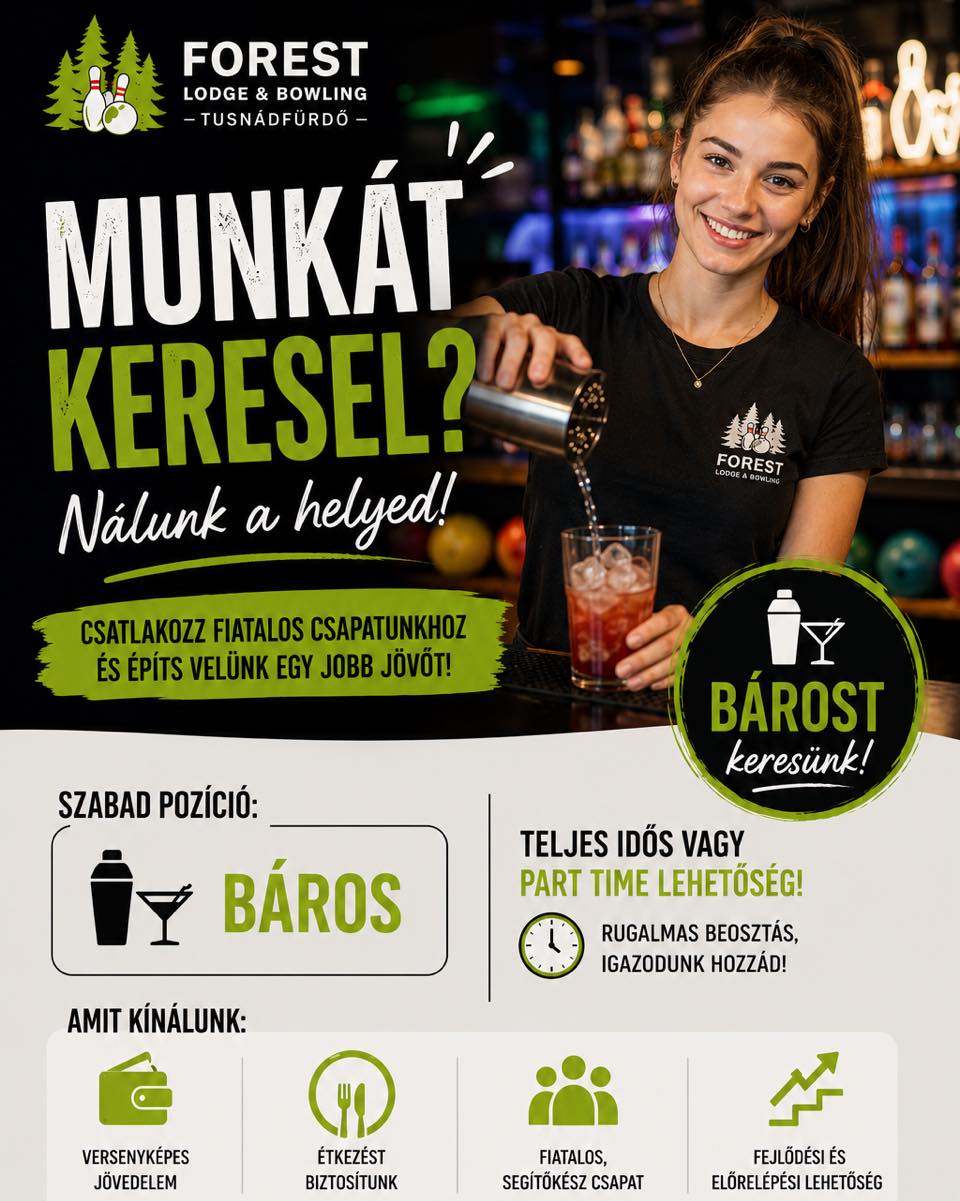 Szeretnél egy barátságos, dinamikus csapatban dolgozni? Hosszútávú, biztos munkát keresel?
Akkor, dolgoz az ország egyik legmodernebb Bowling bárjában.
Nem szükséges semmilyen képzetség, mindenre megtanítunk!
Feltételek:
🔹Román nyelvtudás társalgási szinten
🔹Alaposság
🔹Rugalmasság
🔹Megbízhatóság
Amit kínálunk:
🔹Kedves és barátságos légkör
🔹Fejlődési lehetőség
🔹Napi étkezés
🔹Karrier építési lehetőségek
🔹Növekvő fizetés
🔹Versenyképes fizetés
🔹Továbbképzések finanszírozása
Küld el Önéletrajzod az office@forestbowling.ro email címre.
.
.
#munka #job #munkakeresés #csikszereda #bailetusnad #tusnadfurdo #allas