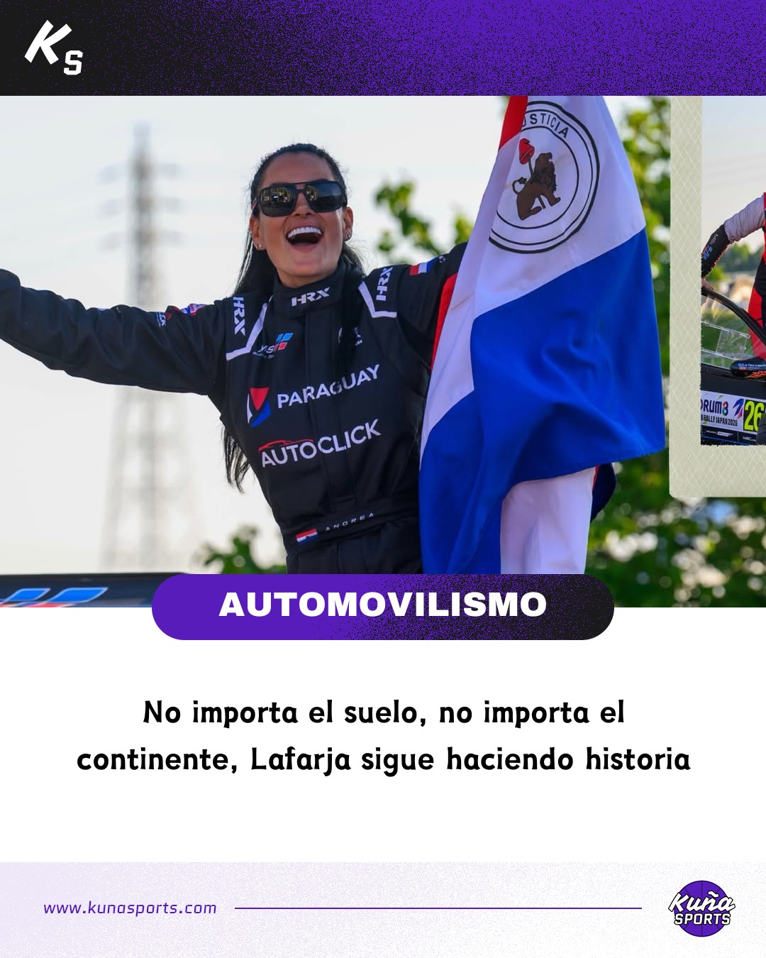 ¡Siempre en el podio!🙋🏻♀️
🥉El pasado finde Andrea Lafarja logró su tercer podio consecutivo en su primera temporada corriendo la FIA World Rally Championship.
🇯🇵Fue en el Rally de Japón, otra prueba sobre asfalto, donde conquistó la tercera posición en la WRC Masters Cup.
🇪🇸Este fin de semana la paraguaya volvió a la tierra, y a la tierra del Rally Reino De León pensando ya en las próximas competencias del calendario.
💪🏻¡Vaaamos Andrea!
#KuñaSports💜