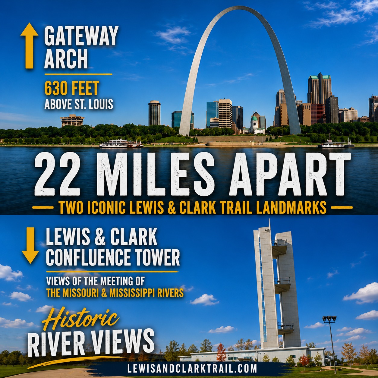 Two iconic landmarks. One unforgettable river story. 🌊
Just 22 miles apart, these Lewis & Clark Trail destinations offer some of the most spectacular views in the Midwest.
📍 Gateway Arch – St. Louis, Missouri
Ride to the top of the tallest man-made monument in the Western Hemisphere and enjoy sweeping views of the Mississippi River and downtown St. Louis.
📍 Lewis & Clark Confluence Tower – Hartford, Illinois
Climb above the landscape and take in breathtaking views where the Missouri and Mississippi Rivers come together. Observation decks await at 50, 100, and 150 feet.
Which view would you choose first?
🗺️ Plan your Lewis & Clark Trail adventure:
LewisandClarkTrail.com
#lewisandclarktrail #GatewayArch #ConfluenceTower #StLouis #IllinoisTravel #RoadTrip #AmericanHistory #a250