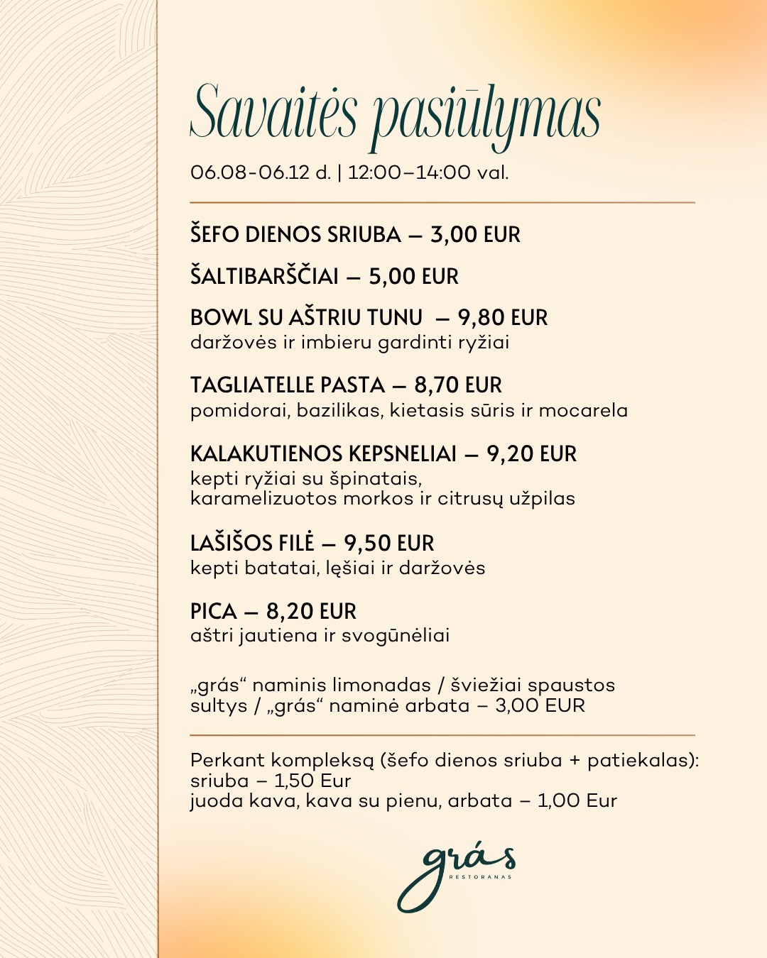 Savaitės pasiūlymas @restoranas_gras 06.08-06.12 dienomis, 12:00–14:00 val.:
🍲 Šefo siūloma dienos sriuba*;
🍲 Šaltibarščiai;
🍽 Bowl su aštriu tunu, daržovėmis ir imbieru gardintais ryžiais;
🍽 Tagliatelle pasta su pomidorais, baziliku, kietuoju sūriu ir mocarela;
🍽 Kalakutienos kepsneliai, patiekiami su keptais ryžiais su špinatais, karamelizuotomis morkomis ir citrusų užpilu;
🍽 Lašišos filė, patiekiama su keptais batatais, lęšiais ir daržovėmis;
🍕 Pica su aštria jautiena ir svogūnėliais;
*Kasdien besikeičiantys patiekalai – teirautis padavėjo.
Perkant kompleksą (šefo dienos sriuba + pagrindinis patiekalas):
🍲 sriuba – 1,50 Eur
☕ juoda kava, kava su pienu, arbata – 1,00 Eur
@restoranas_gras rasite adresu Kęstučio g. 32, Palangoje, @zilvinashotel .