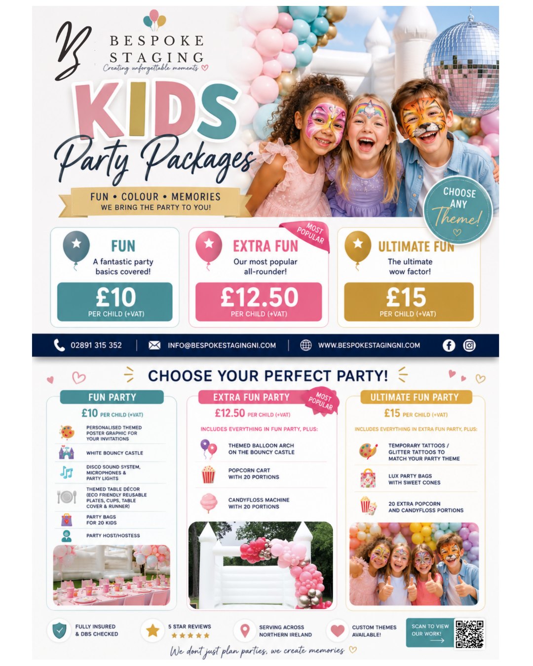 ITS COMPETITION TIME 🎉
Bespoke Staging is turning 2 next week and we’re celebrating the only way we know how with a party. We're giving away a FREE “Fun” Kids Party Package for up to 20 children… bouncy castle, music, themed table décor you bring the kids, we bring the magic.
To enter:
Make sure you’re following us on Facebook & Instagram
Like this post
Share to your stories or timeline
Tag 3 friends who’d love to win a party
The winner will need to provide their own hall or suitable garden/space for the party set‑up.
Winner announced live on 12th June. You’ll also have the option to upgrade to one of our bigger packages by paying the difference. T&Cs apply.
And this is just the start… keep an eye on our socials for more giveaways as we celebrate 2 years in business.
Good luck, and thank you for supporting our little business it honestly means the world.
#BespokeStagingNI #KidsPartyPackages #CompetitionTime #GiveawayNI #NIBusiness #SmallBusinessNI #PartyDecorNI #KidsPartiesNI #BirthdayPartyIdeas #WhiteBouncyCastle #EventStyling #PartyHireNI #TwoYearsInBusiness #NorthernIrelandMums #BangorNI #FunForTheKids