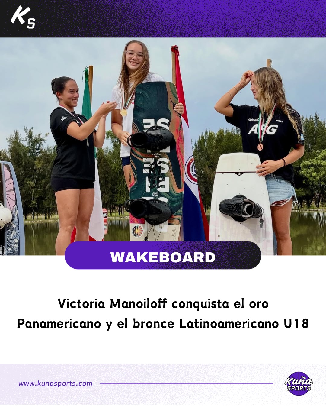 ¡Bandera paraguaya!🇵🇾
🇲🇽En Guadalajara, México, se disputó el Campeonato Panamericano y Latinoamericano de Wakeboard.
🙋🏻♀️En la categoría U18, la paraguaya Victoria Manoiloff se lució en ambas competencias.
🥇Logró el primer puesto en el Panamericano U18.
🥉Logró el tercer puesto en el Latinoamericano U18.
👏🏻¡Felicitaciones campeona!
#KuñaSports💜