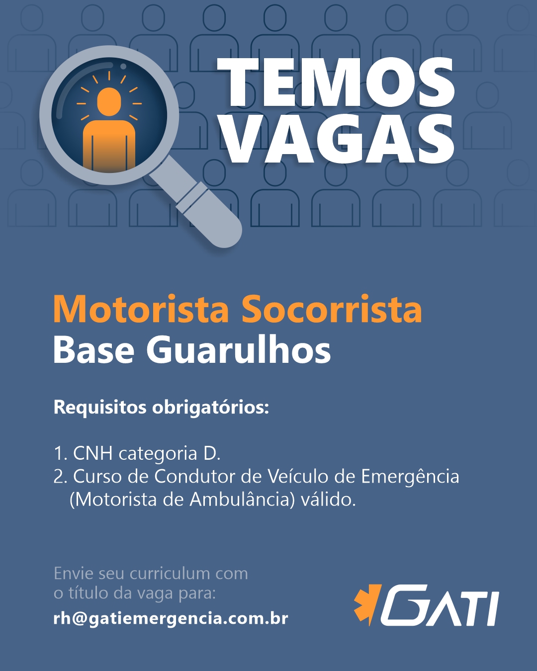 Aqui no Gati, cada atendimento é movido por um propósito: salvar vidas e cuidar de pessoas.
Se você tem experiência, gosta de trabalhar em equipe e quer fazer parte de uma empresa que valoriza o profissional e o compromisso com a vida, essa vaga é pra você! 🚑
💚 Venha fazer parte do nosso time e ajude a levar saúde, agilidade e segurança onde for preciso.
👉 Envie seu currículo e venha crescer com a gente!
No título do e-mail coloque o título da vaga.
rh@gatiemergencia.com.br