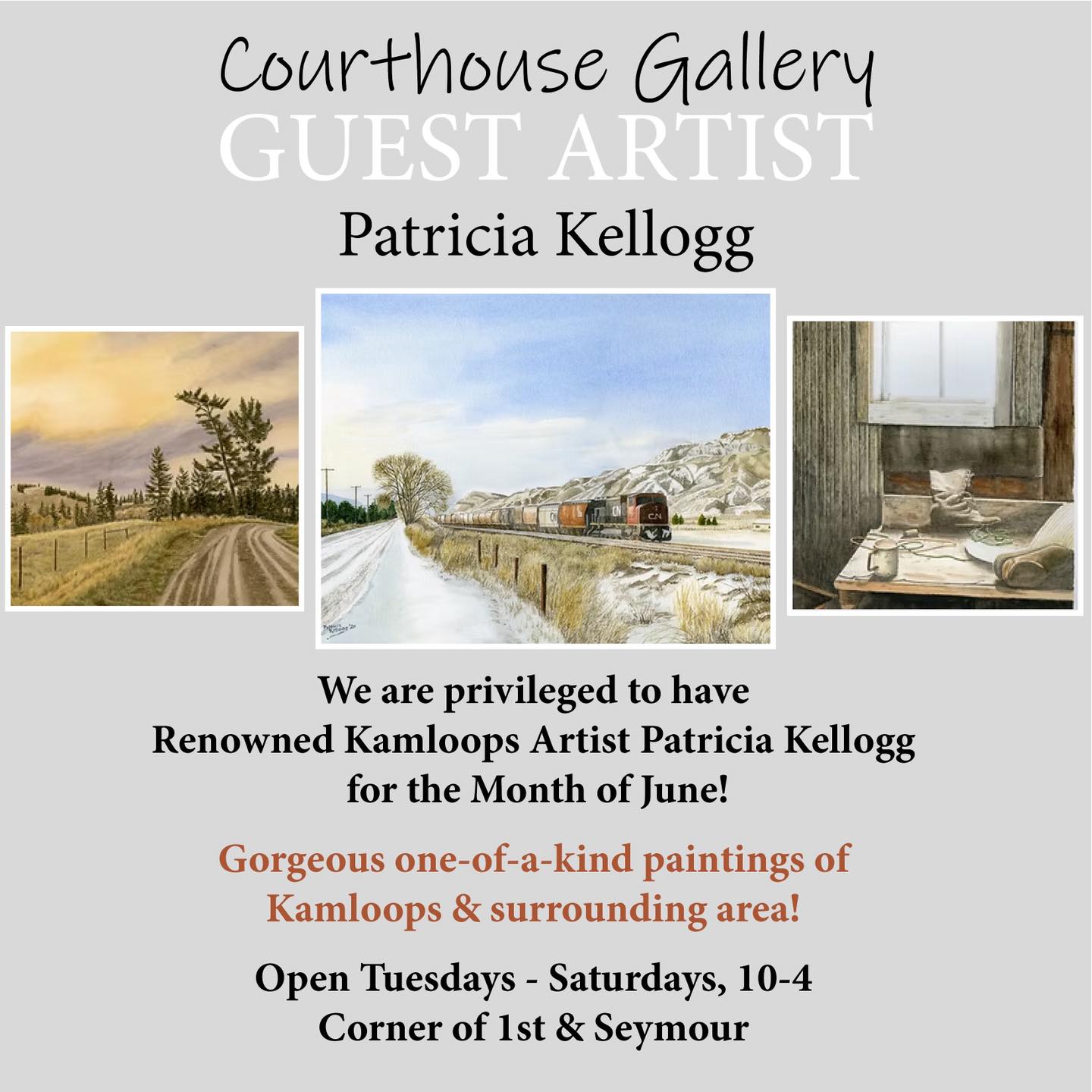 Kamloopsians! Visit us downtown to experience our guest artist of June, Patricia Kellogg and her sublime water colours. Keeping’ it local, a Kamloops Courthouse Gallery.