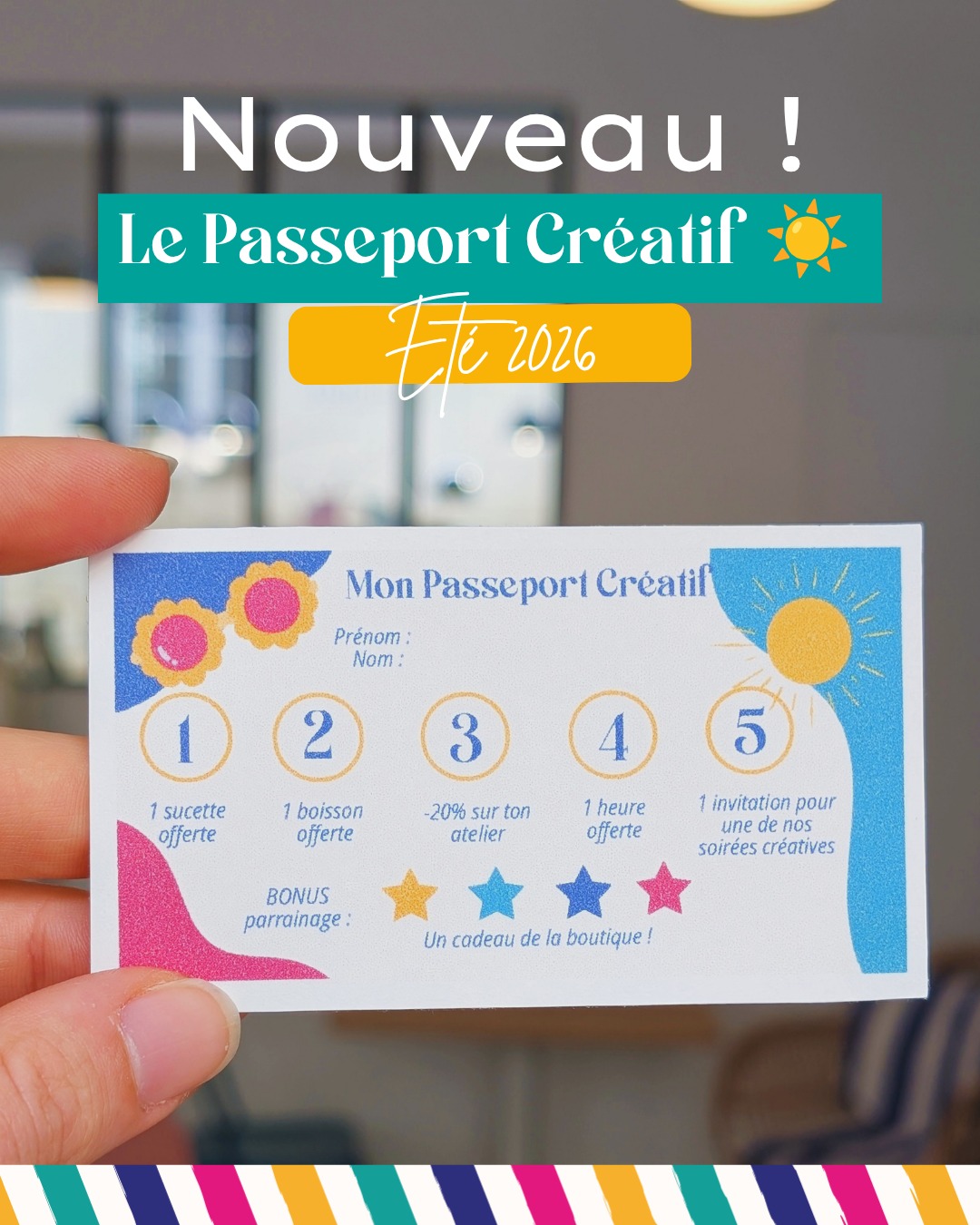 🌞🎨 LANCEMENT DU PASSEPORT CRÉATIF ÉTÉ 2026 🎨🌞
Cet été, chaque visite dans notre atelier t'apporte des surprises ! ✨
Du 6 juin au 13 septembre, récupère gratuitement ton Passeport Créatif et cumule des tampons à chaque passage en caisse.
🎁 Plus tu viens et plus tu débloques des avantages exclusifs jusqu'à une invitation pour nos soirées créatives 💃 !
Atelier libre peinture sur céramique, la jesmonite, le cuir, le cyanotype, la linogravure ou le bar à charms, 1h, 1h30 ou 2h, chaque visite compte !
🎨 10 activités créatives à découvrir
☀️ Une bonne excuse pour revenir créer avec nous !
Alors, prêt(e)s à relever le défi ? 👀
#AtelierCreatif #PasseportCréatif #LoisirsCréatifs #PeintureCeramique #Jesmonite #BarACharms #Cyanotype #Linogravure #ActivitéCréative #SortieEntreCopines #ÉtéCréatif