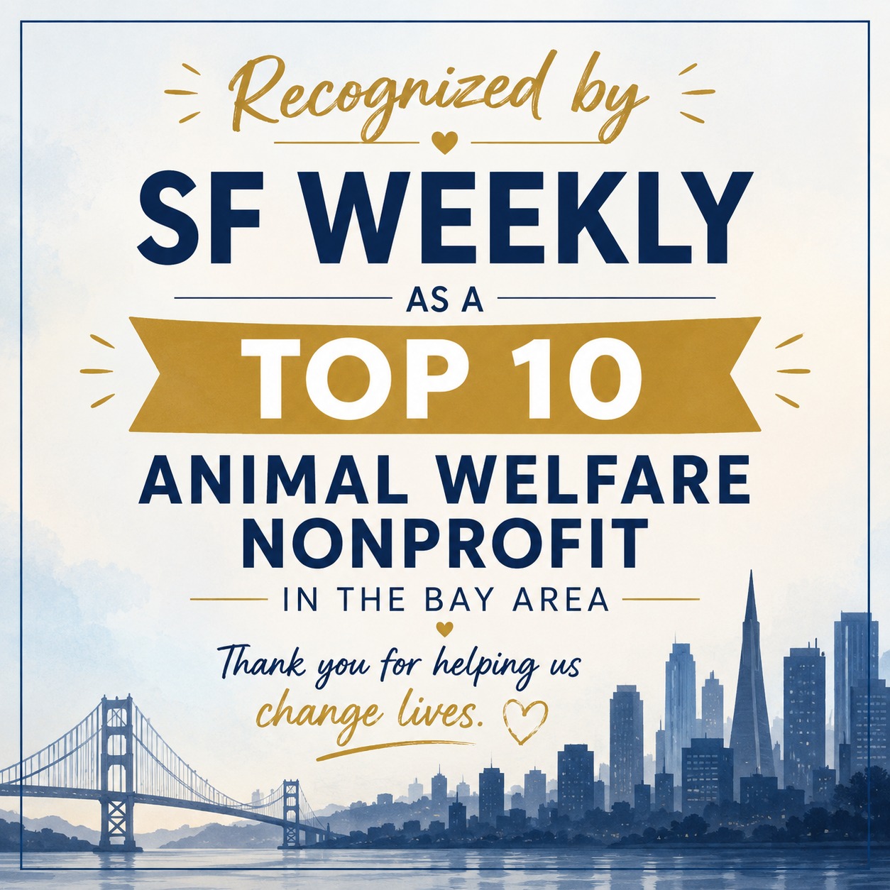🎉 We're honored to share that San Francisco Aid for Animals has been recognized by SF Weekly as one of the "10 Animal Welfare Nonprofits Changing the San Francisco Bay Area."
As a volunteer-run organization, we're dedicated to helping families access life-saving veterinary care for the pets they love.
Thank you to our donors, volunteers, veterinary partners, and supporters who make this work possible. Every animal we help is because of you. ❤️🐾
#SFAfA #AnimalWelfare #BayAreaPets #VeterinaryCare