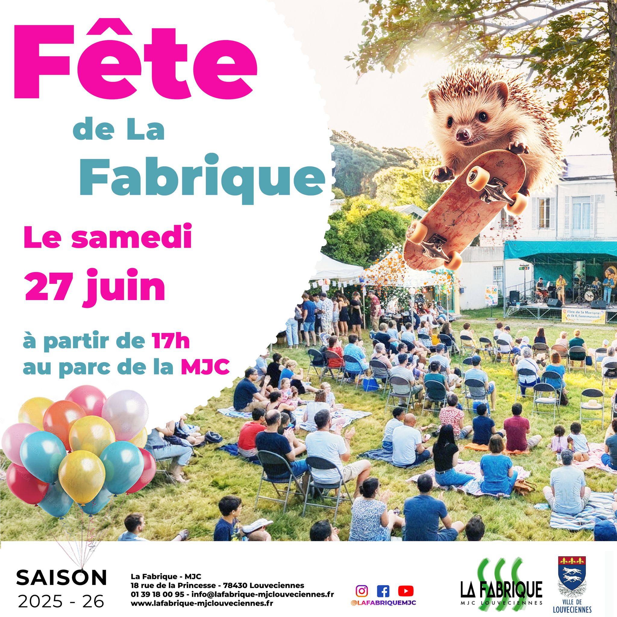 🎉🎸🎵 FÊTE DE LA FABRIQUE 🎵🎸🎉
La grande fête de fin d’année de la MJC
Samedi 27 juin 2026, 17h
La grande fête de fin d'année de la MJC ! Musique, numérique, jeux en extérieur, un moment convivial ouvert à tous pour découvrir les talents de la Fabrique MJC !
Barbecue, buvette, et crêpes sur place. Tout public - Entrée libre
