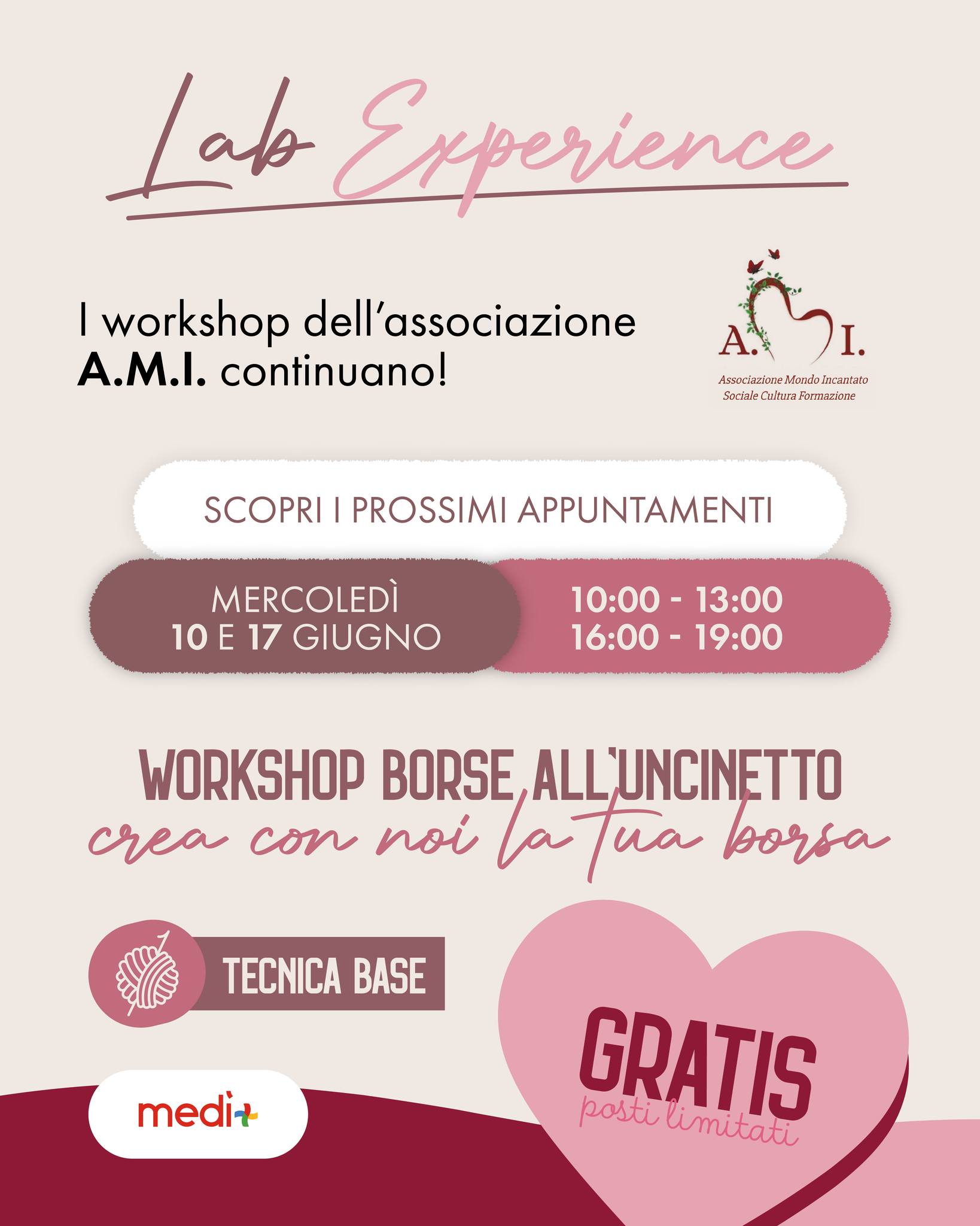 Dì la verità: quante volte hai visto quelle splendide borse all'uncinetto e hai pensato "vorrei tanto saperla fare anche io"? 🥰
L'Associazione Mondo Incantato (A.M.I.) e il Centro Medì realizzano il tuo desiderio! Partecipa alla nostra nuova Lab Experience: un workshop gratuito incentrato sulle tecniche base dell'uncinetto per creare da zero la tua borsa preferita. 🧵
📍 Mercoledì 10 & 17 Giugno
⏱ Fasce orarie: 10:00-13:00 o 16:00-19:00
Prenota al 349-3473788
Porta con te la tua voglia di creare e di condividere qualche ora in compagnia. Al resto ci pensiamo noi!
👇 Tagga nei commenti l'amica/o con cui vorresti partecipare e prenota subito il tuo posto prima che finiscano! 🚨
#AssociazioneMondoIncantato #CrochetWorkshop #Medì #LaboratorioCreativo #BorsaUncinetto #HandmadeWithLove