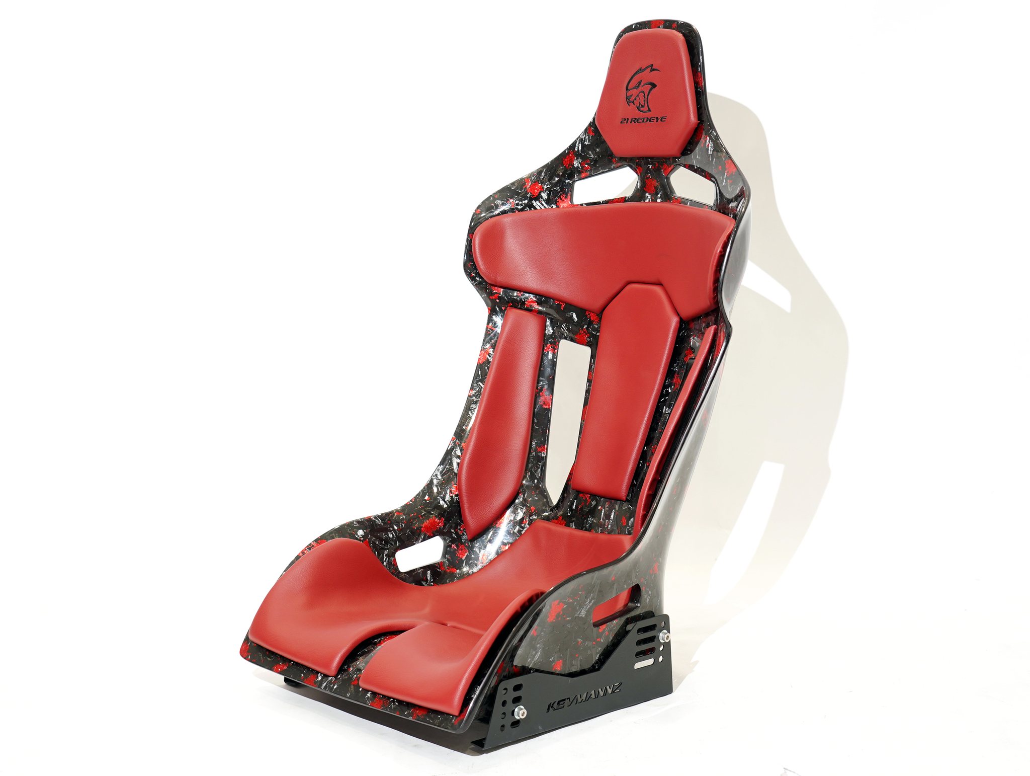 Forged CF + Red Flakes GT-Max seats with red leather padding, including plug&play rails and slider kit for Dodge Charger Hellcat 2021.