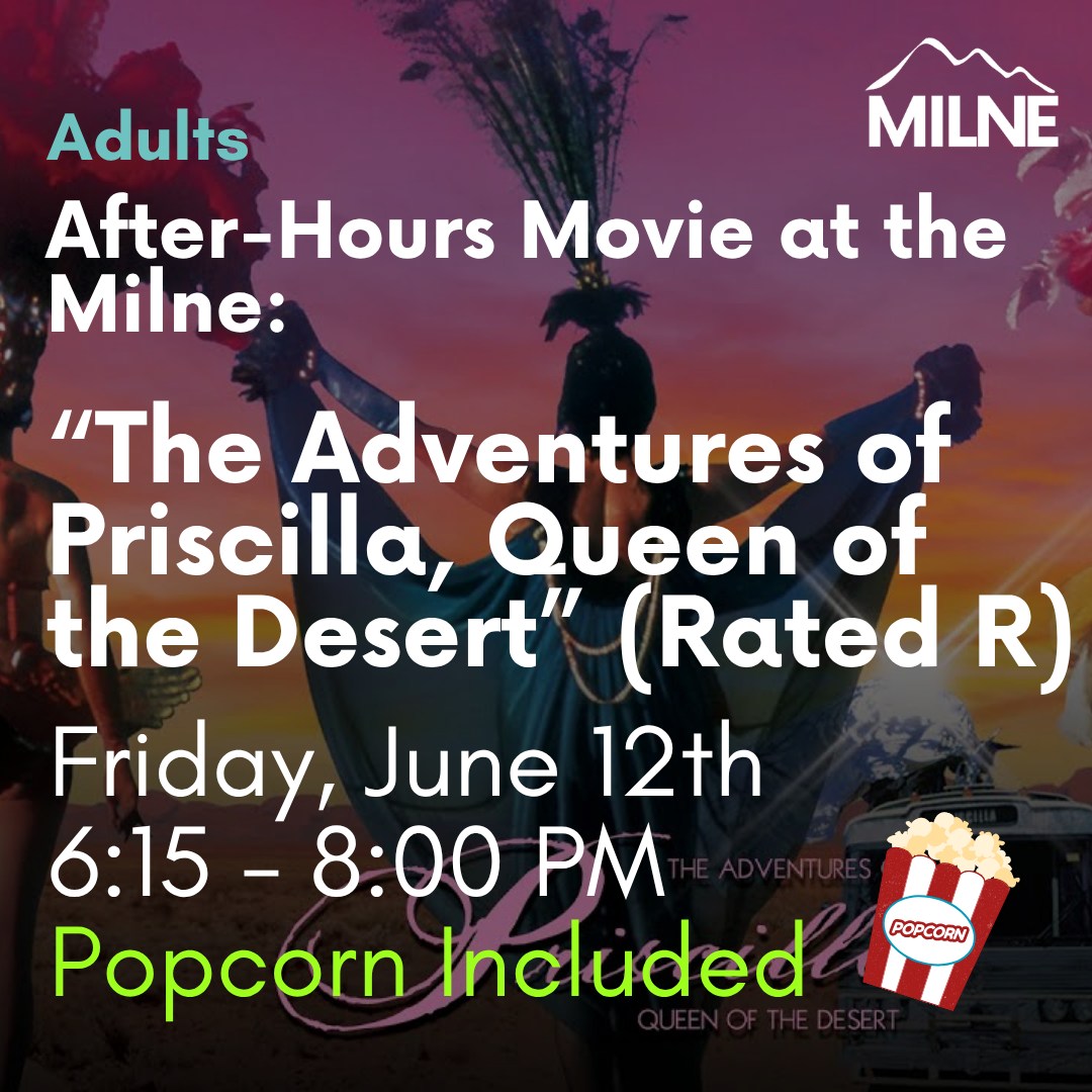 This week at the Milne (June 8 - 13). Join us for a movie, TED Democracy, tie dying, and MORE! View our full event calendar using the link in our bio or on our website at milne.librarycalendar.com
Image 1: After-Hours Movie at the Milne: โThe Adventures of Priscilla, Queen of the Desertโ (Rated R) - Friday 06/12 at 6:15 p.m. (Popcorn Included)
Image 2: Milne at the Market! - Saturday 06/13 at 9:00 a.m.
Image 3: TED Democracy Livestream - Saturday 06/13 at 10:00 a.m. (all day)
Image 4: Pride + Dye Community Picnic - Saturday 06/13 at 2:00 p.m.