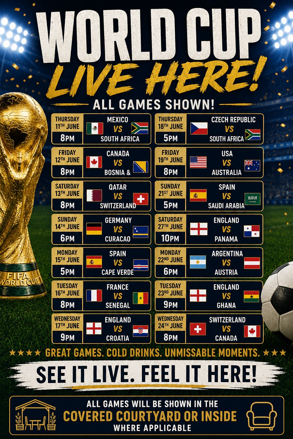⚽It's Coming Home ⚽
From Thursday 11th June, we'll be showing all the World Cup action in our covered courtyard and, where applicable, inside too.
The best part? Match days mean later opening hours, so you can enjoy every moment of the tournament with us. Food served until 9pm.
Grab your friends, find a seat, and cheer your team on! 🍻