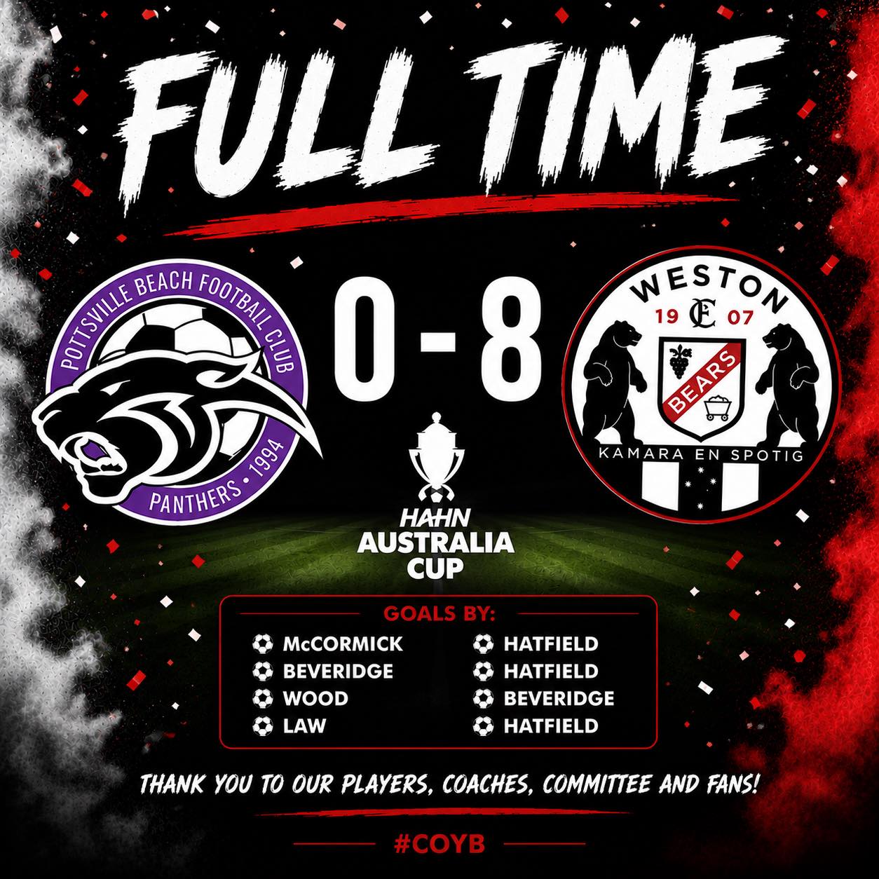 🖤🤍 FULL TIME 🤍🖤
An outstanding performance from the Bears sees us progress in the Hahn Australia Cup with a convincing 0-8 victory over Pottsville Beach FC.
⚽ McCormick
⚽ Beveridge (2)
⚽ Wood
⚽ Law
⚽ Hatfield (3)
A huge thank you to Pottsville Beach Football Club for hosting us and putting on a fantastic day. We appreciate the hospitality and wish you all the best for the remainder of your season.
Into the next round we go! 💪
#COYB 🐻🖤🤍
#HahnAustraliaCup