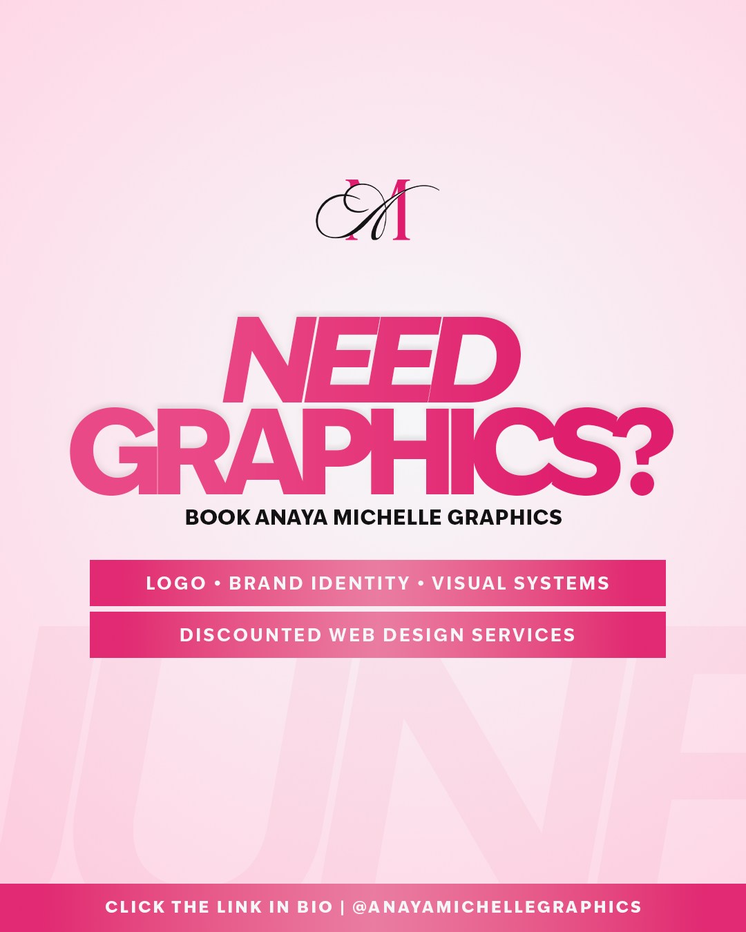 Need graphics? 💕 Book Anaya Michelle Graphics for logos, brand identity, visual systems + discounted web design services all June.
Click the link in bio to get started! ✨
@anayamichellegraphics ♡
www.anayamichelle.com ♡
#AnayaMichelleGraphics #BookingNow #BrandDesigner #LogoDesign #SmallBusinessBranding #PromoFlyer