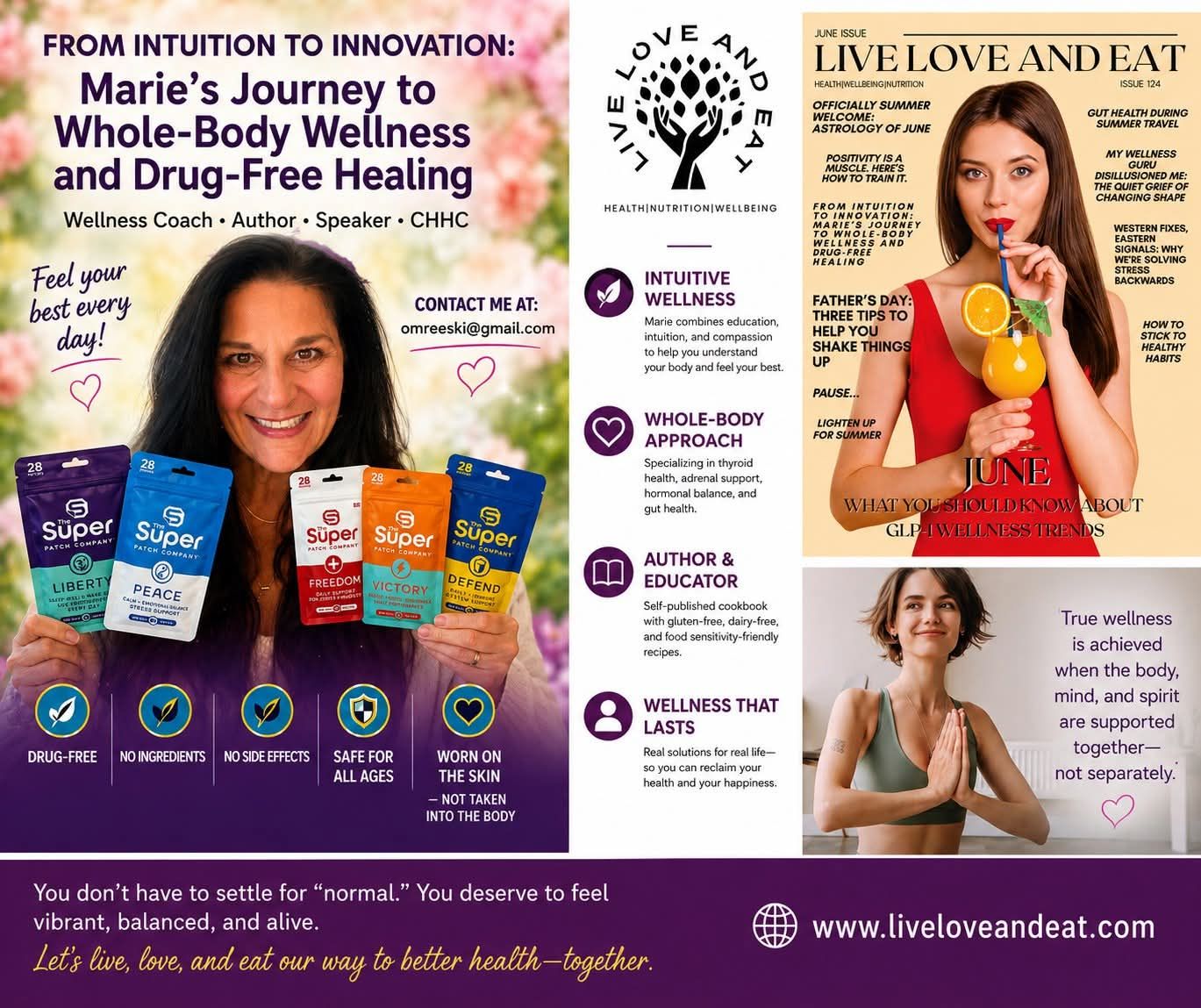 Read our latest article in our June issue of Live Love and Eat Magazine. From Intuition to Innovation: Marie’s Journey to Whole-Body Wellness and Drug-Free Healing Written By Marie R Rubbinaccio CHHC
https://www.liveloveandeatmagazine.com/order-your-copy
Marie R Rubbinaccio is a Certified Holistic Health Coach trained at the Institute for Integrative Nutrition, where she studied innovative coaching methods and practical lifestyle strategies grounded in a wide range of dietary theories. Her training includes extensive study of nutritional approaches such as Holistic, Homeopathic, Ayurveda, gluten-, wheat-, egg-, dairy-, sugar-, soy-, and nut-free protocols, as well as Paleo, raw, vegan, and many other dietary frameworks, enabling her to tailor guidance to a broad spectrum of individual health needs. She is the author of the cookbook “Deliciously For You”, which uniquely combines three dietary variations into a single recipe, reflecting her practical and inclusive philosophy toward food and wellness. In her coaching practice, she uses her education and expertise to provide holistic nutritional suggestions that help clients better understand how lifestyle choices impact energy, balance, health, and happiness. Through a collaborative process, she supports clients in exploring all areas of their lifestyle to identify what best supports overall well-being and sustainable change.
Facebook: Marie R Rubbinaccio
Instagram: @healthcoachmarie
TicTock: @intuitivecoachmar
YOUTUBE channel @intuitivepatchcoachmarie