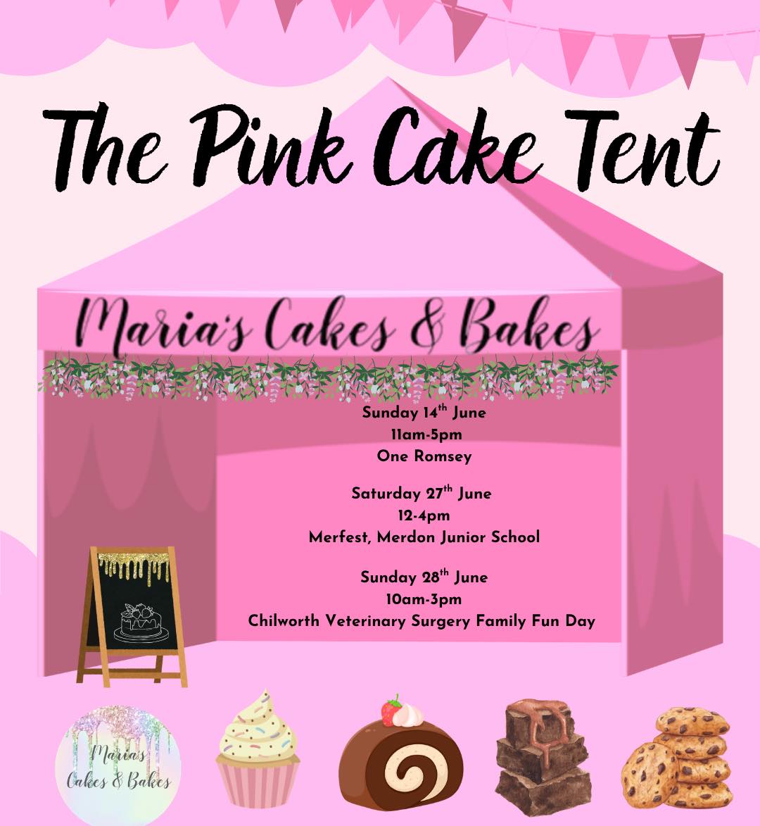 ✨ The Pink Cake Tent is back out this month! ✨🎀
Come and find Maria’s Cakes & Bakes for a belly full of sweet treats 🍰💖
📍 Sunday 14th June
⏰ 11am-5pm
📌 One Romsey
📍 Sunday 27th June
⏰ 12-4pm
📌 Merfest, Merdon Junior School
📍 Sunday 28th June
⏰ 10am-3pm
📌 Chilworth Veterinary Surgery Family Fun Day
I’ll have a delicious selection of cakes, bakes, and goodies waiting for you 😍 Come say hello and treat yourself (or someone else 😉)
#thepinkcaketent #mariascakesandbakes #downtoncuckoofair #fryernfuntasia #localbaker #supportsmallbusiness #hampshireevents #cakebusiness #bakersofinstagram #homemadebakes #ukbaker #cakestagram #instabakes #sweettooth #weekendplans #treatyourself #cupcakes #brownies #cookies #cakepopup