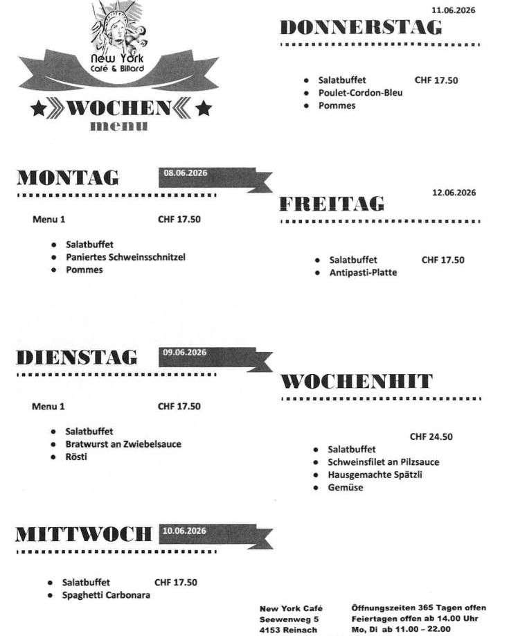 Aktuelles Wochenmenü❗
Zu jedem Gericht etwas vom Salatbuffet!
Jede Woche einen Wochenhit 🌟