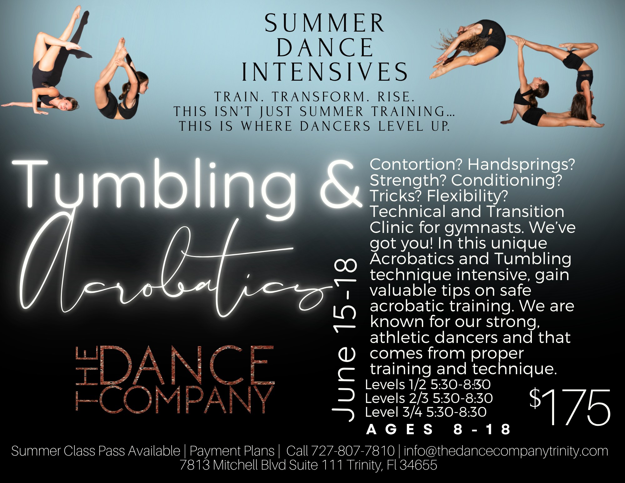 🤸♀️ ACRO & TUMBLING CAMP IS NEXT WEEK! 🤸♂️
Ready to flip, fly, tumble, and level up your skills?
Join us for an exciting week of Acro & Tumbling Camp featuring not only our very own Ms. Heather, but TWO incredible guest instructors bringing fresh energy, new drills, and specialized training to our dancers!
Whether your dancer is working on:
✨ Cartwheels & walkovers
✨ Handstands & flexibility
✨ Tumbling technique
✨ Strength & conditioning
✨ Acrobatic skills for dance
This camp is designed to help dancers build confidence, improve technique, and have a blast while training with a variety of experienced coaches.
At TDC, we love exposing our dancers to different teaching styles and perspectives, helping them grow into stronger, more versatile athletes and artists.
Spots are limited and camp begins NEXT WEEK!
Who’s ready to tumble into summer? 🔥🤸♀️
#TheDanceCompanyTrinity #TDCTrinity #AcroCamp #TumblingCamp #DanceTraining #AcroDance #summerattdc
@castillocoachingco
@doingitwithlove