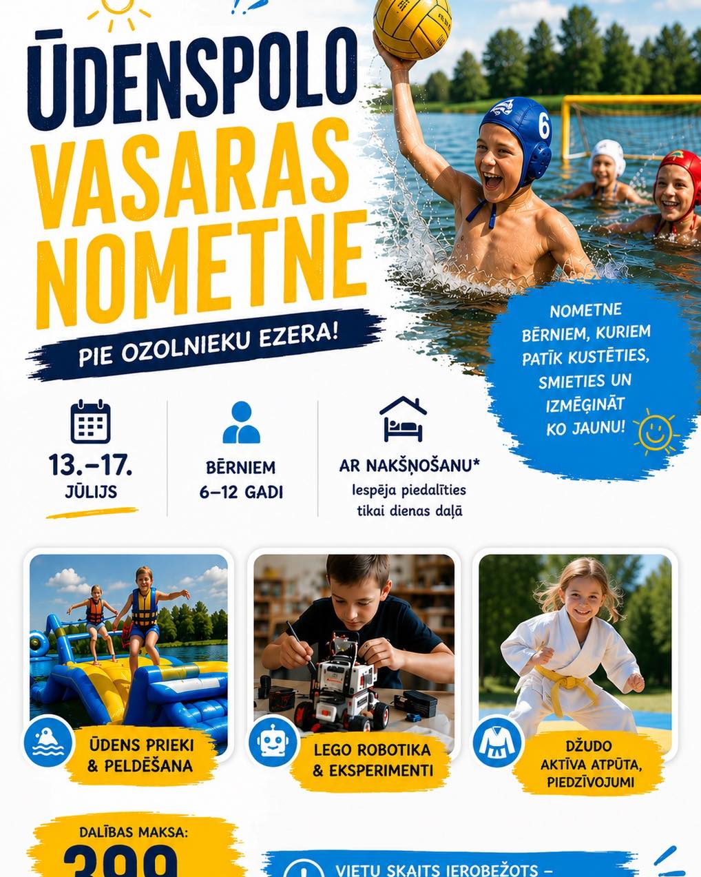 Vasaras nometne bērniem pie Ozolnieku ezera! ☀️
Nometne bērniem, kuriem patīk kustēties, draudzēties, smieties un katru dienu piedzīvot ko jaunu!
No 13. līdz 17. jūlijam aicinām bērnus vecumā no 6 līdz 12 gadiem uz aizraujošu nometni ar nakšņošanu, kur aktīva atpūta, ūdens prieki un radošas nodarbes apvienotas vienā neaizmirstamā piedzīvojumā.
Pie Ozolnieku ezera bērnus sagaidīs droša vide, jauni draugi un daudzveidīgas aktivitātes visas dienas garumā.
Programmā:
🏊 Ūdenspolo un peldēšana ezerā ar vārtiem un bumbām
🌊 Peldētapmācība drošā un kontrolētā vidē (“5 masti”)
🎈 Piepūšamās atrakcijas
🤖 LEGO robotika un vienkārši tehnoloģiju eksperimenti
🤸 Džudo, vingrošana un kustību aktivitātes
🎨 Zīmēšana un radošās darbnīcas
🎯 Komandu spēles, izaicinājumi un dažādas izklaides
Nometnes programma veidota tā, lai bērni attīstītu ne tikai peldēšanas un kustību prasmes, bet arī sadarbību, radošumu un pārliecību par sevi. Katra diena būs piepildīta ar aktivitātēm, kas ļaus gan izkustēties, gan labi pavadīt laiku kopā ar vienaudžiem.
🍽️ Cenā iekļauta ēdināšana, nakšņošana, visas aktivitātes un nepieciešamais inventārs.
💶 Dalības maksa: 399 EUR
Cena var tikt pārskatīta atkarībā no dalībnieku skaita.
⚠️ Vietu skaits ir ierobežots, tāpēc aicinām pieteikties savlaicīgi!
👉 Pieteikšanās: https://www.waterpolo.lv/udenspolo-vasaras-nometne
#vasarasnometne #bernunometne #Ozolnieki #udenspolo #peldesana #aktivadzive #berniem #vasara2026 #RigaSharks #udenspolonometne #sportanometne #robotika #aktivsberns #waterpoloLatvia