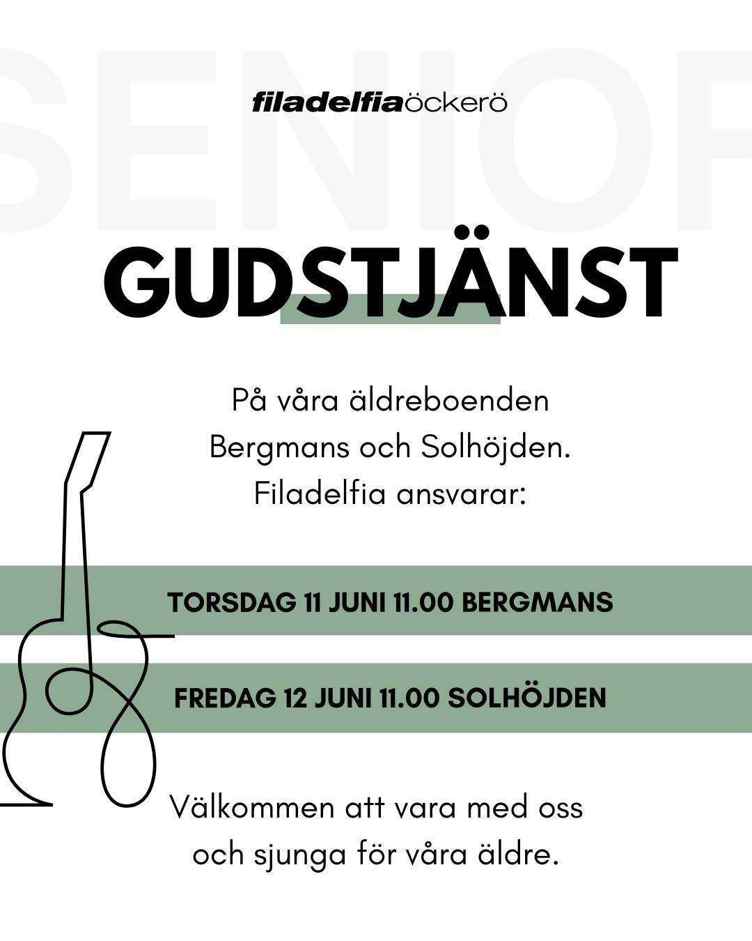 Idag och imorgon möts vi till gudstjänst på våra äldreboenden.
OBS! ! !
Den vanliga samlingssalen på Solhöjden är tillfälligt stängd. Imorgon möts vi på Solhöjden södra för att fira gudstjänst. Gå in genom stora porten och direkt till höger så kommer du till samlingssalen.
Välkommen att vara med oss och sjunga med våra äldre.