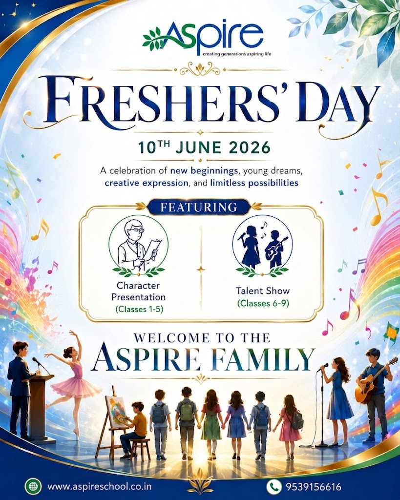 A new journey begins, where dreams take flight and talents find their stage. Join us as we welcome our newest stars to the Aspire family!🌟
*Freshers' Day 2026*. A celebration of creativity, confidence, and endless possibilities. 💙
#AspireFreshersDay #WelcomeToAspire #NewBeginnings #AspireFamily#FutureStartsHere
#DreamsTakeFlight
#StudentLife #YoungTalents
#CreativeMinds #ConfidenceAndGrowth
