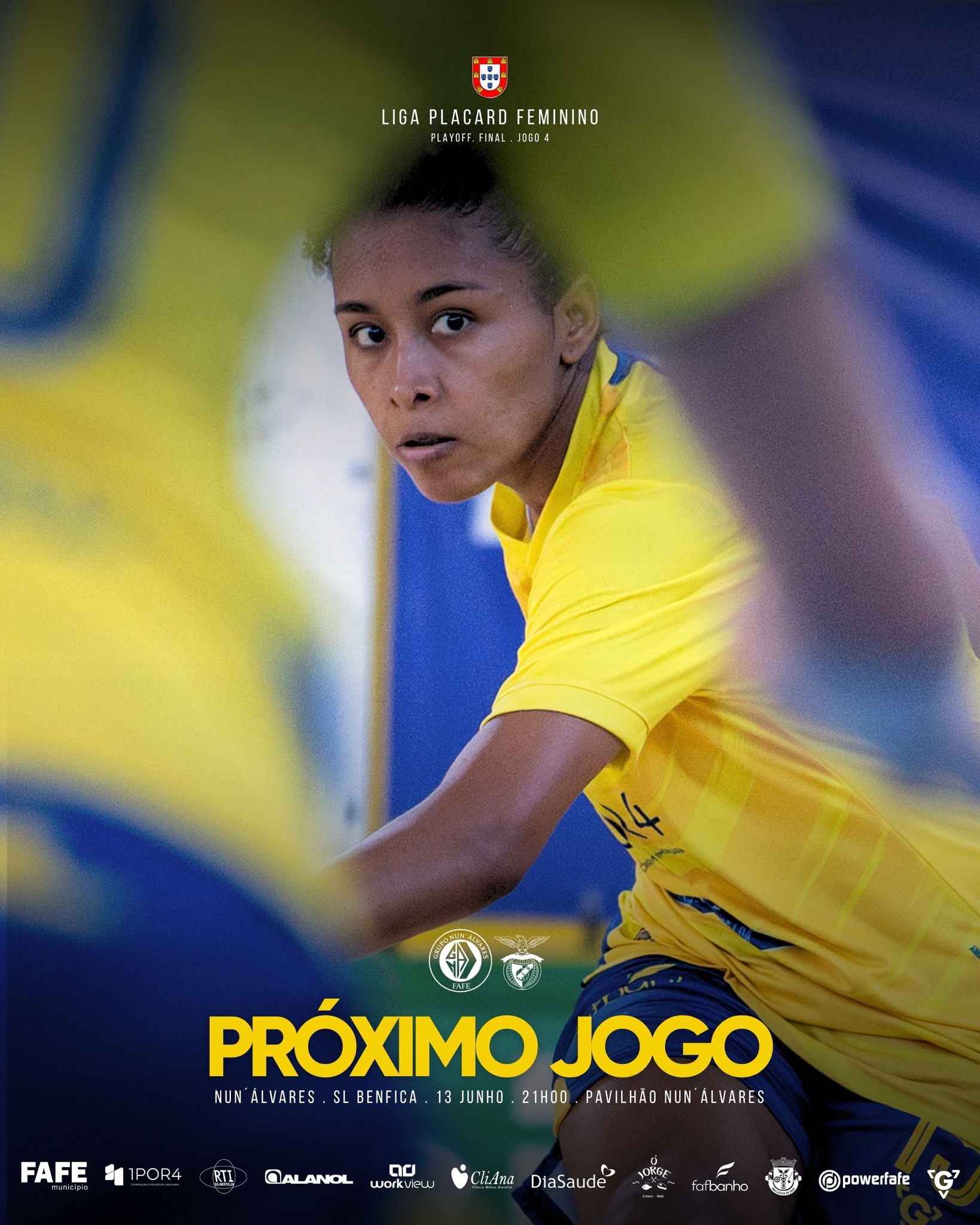 Já só pensamos no próximo embate, e tu?
𝙋𝙡𝙖𝙮𝙤𝙛𝙛 | Final | Jogo 4
📆 13 Junho 🆚 SL Benfica
🕒 🇵🇹21:00 🇧🇷17:H00
📍 Pavilhão Nun´Álvares
📺 Canal 11
🎟️ já disponíveis em https://www.gcrnunalvaresfutsal.com/bilheteira
#peloGRUPOporFAFEparaVENCER