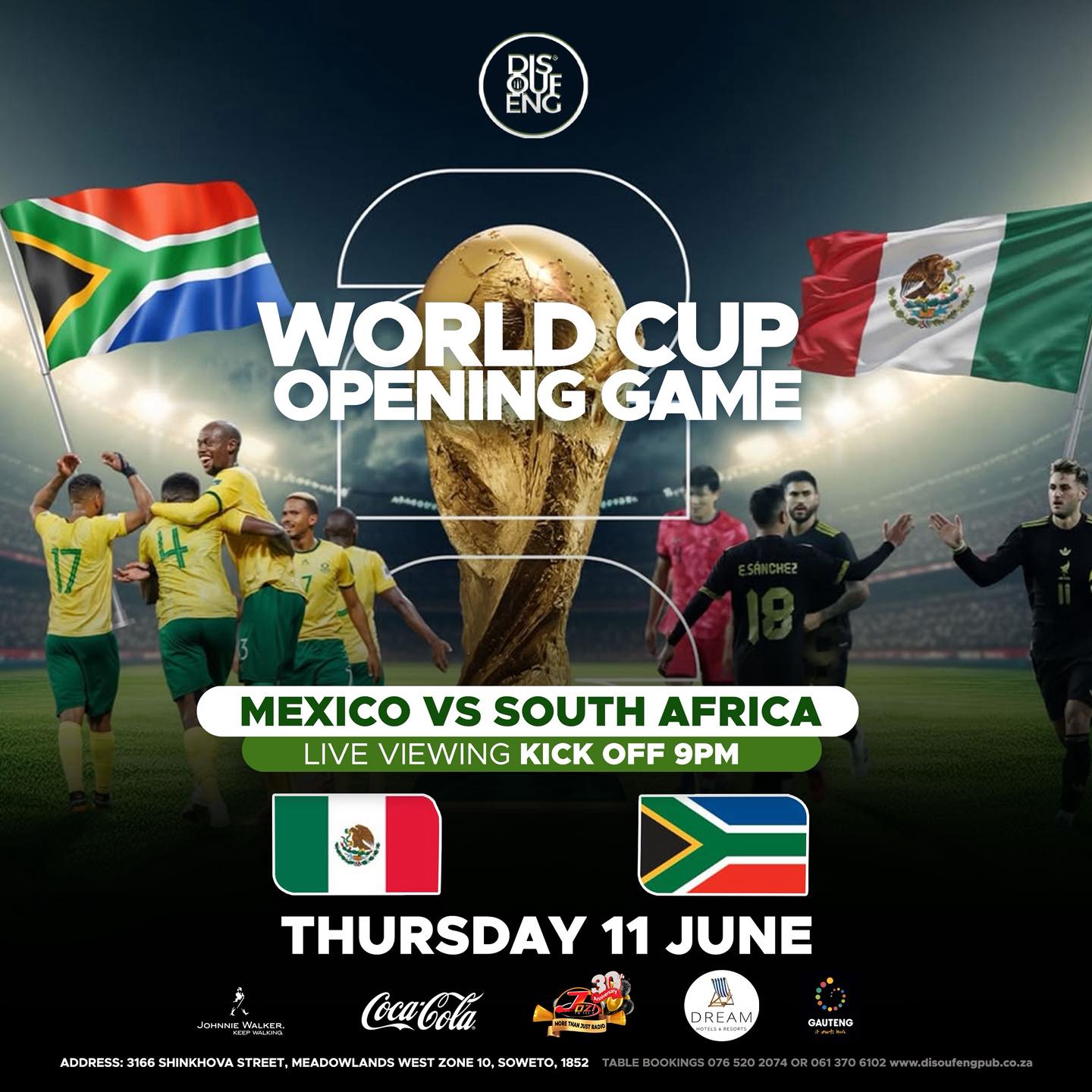 Winter chill? We don't know her. 🔥
We’re turning up the heat at Disoufeng for the World Cup Opening Game live screening as seen in image.png. Forget the cold—the only thing rising this Thursday is the stadium energy.
Grab your crew, secure your spot, and let’s watch the drama unfold on the big screen.
⚽️ Mexico vs South Africa
📅 Thursday, 11 June
⏰ Kick-off: 9PM
Table bookings: 076 520 2074 or 061 370 6102.
#Disoufeng #WorldCupOpeningGame #SowetoVibes #LiveScreening