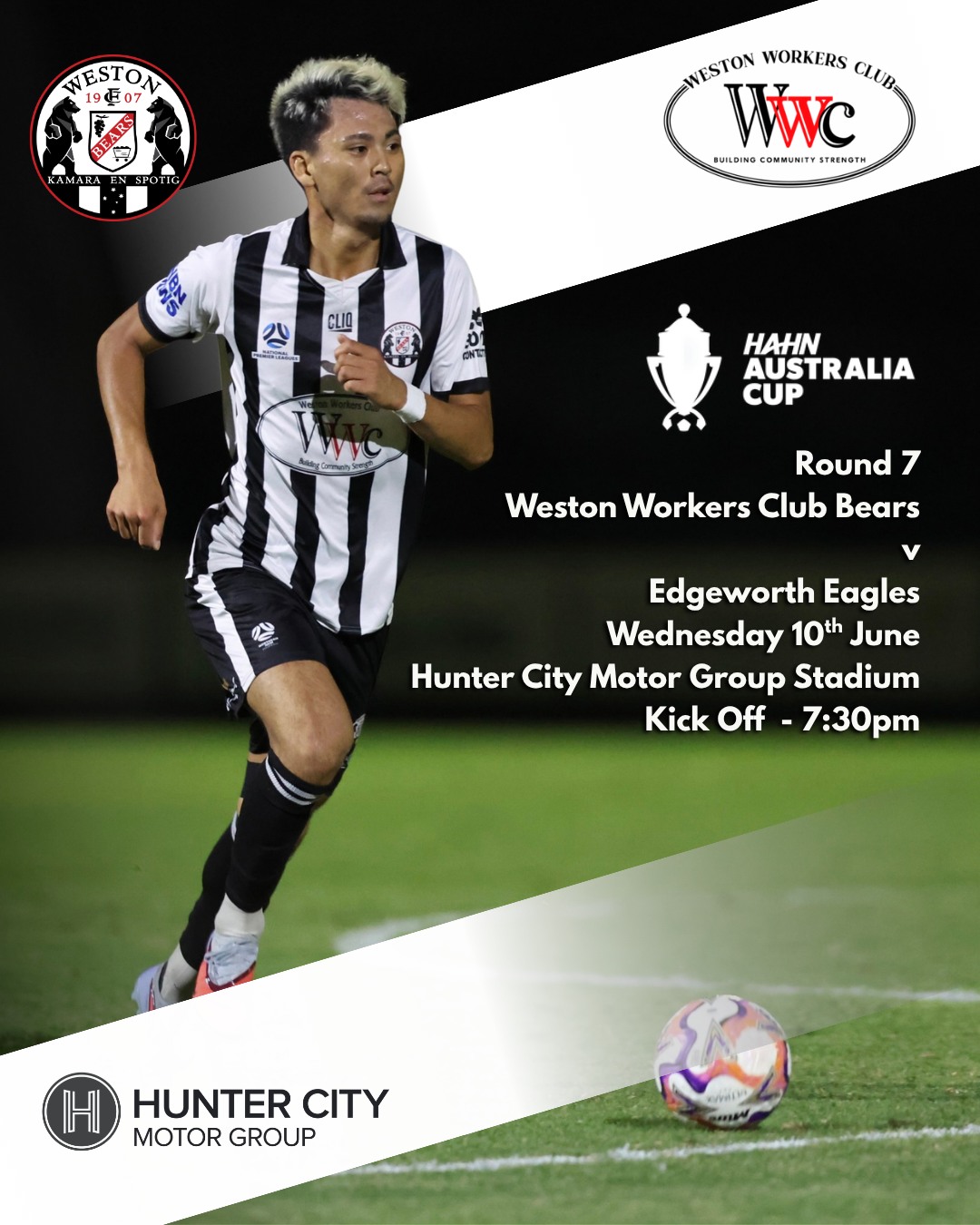 📣 HAHN AUSTRALIA CUP -
1 day to go until our Hahn Australia Cup Round 7 clash against Edgeworth Eagles.
✅Wednesday 10th June
⏰ Kick-off: 7:30pm
📍 Hunter City Motor Group Stadium
FREE ENTRY
Lock it in and come down to support the Bears as we continue our Australia Cup campaign.
#COYB 🐻⚫⚪