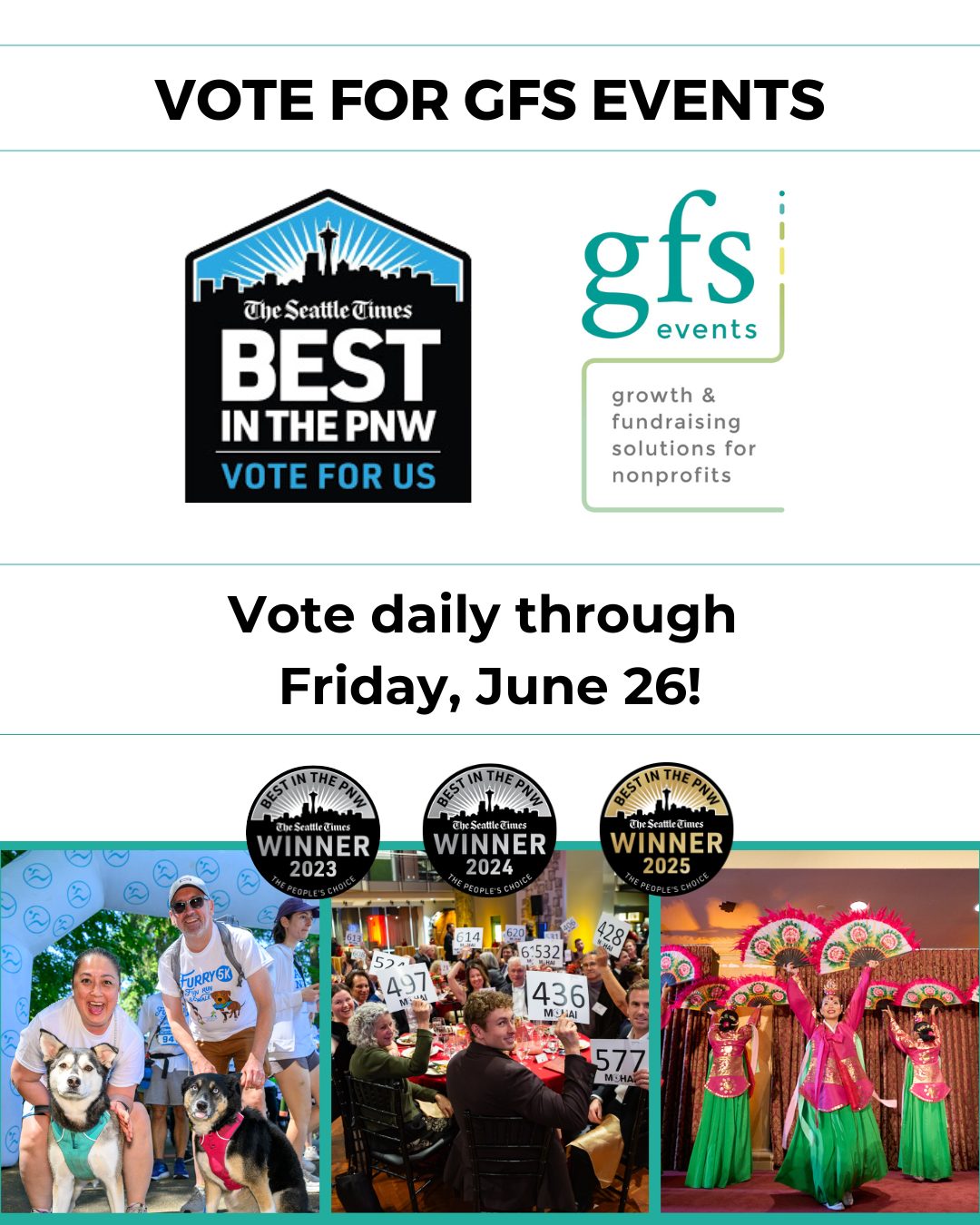 GFS Events is proud to be in the running again this year for Best Event Planner in the @seattletimes Best in the PNW People’s Choice Awards! 🏆
If we’ve helped bring your event to life—whether it was a gala, fundraiser, auction, or conference—we’d be so grateful for your vote.
🗳 You can vote once per day through Friday, June 26!
🔗 Head to www.votethepnw.com and select:
SERVICES > EVENT PLANNER > GFS EVENTS > REVIEW AND CAST MY BALLOT
#GFSEvents #BestinthePNW #FundraisingEvents #EventPros #NonprofitEvents