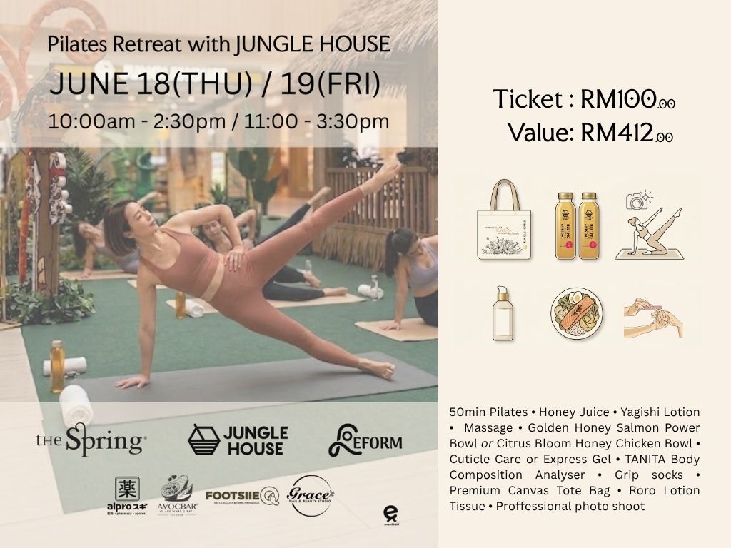 🧘♀️✨ Your premium wellness escape is here!
Join the Pilates Retreat with @junglehousemy on 18 & 19 June 2026 at The Spring, and experience a curated journey of movement, recovery, nourishment, and self-care — all for just RM100 per person.
Your retreat experience includes:
🌿 Pilates session with Reform Studio
🍯 Premium honey hydration by Jungle House
📊 Health screening by Alpro Sugi
🥗 Gourmet clean fuel by Avocbar
👣 Decompression therapy by Footsie
💅 Express cuticle & gel styling by Grace Nail Gallery
With only 15 participants per session and 60 exclusive slots available throughout the weekend, this intimate retreat is designed to help you recharge and reset.
Secure your spot before it's fully booked:
https://eventkaki.com/events/pilates-retreat-with-jungle-house
#thespringkch #PilatesRetreat #JungleHouse #WellnessJourney #SpringIntoWellness