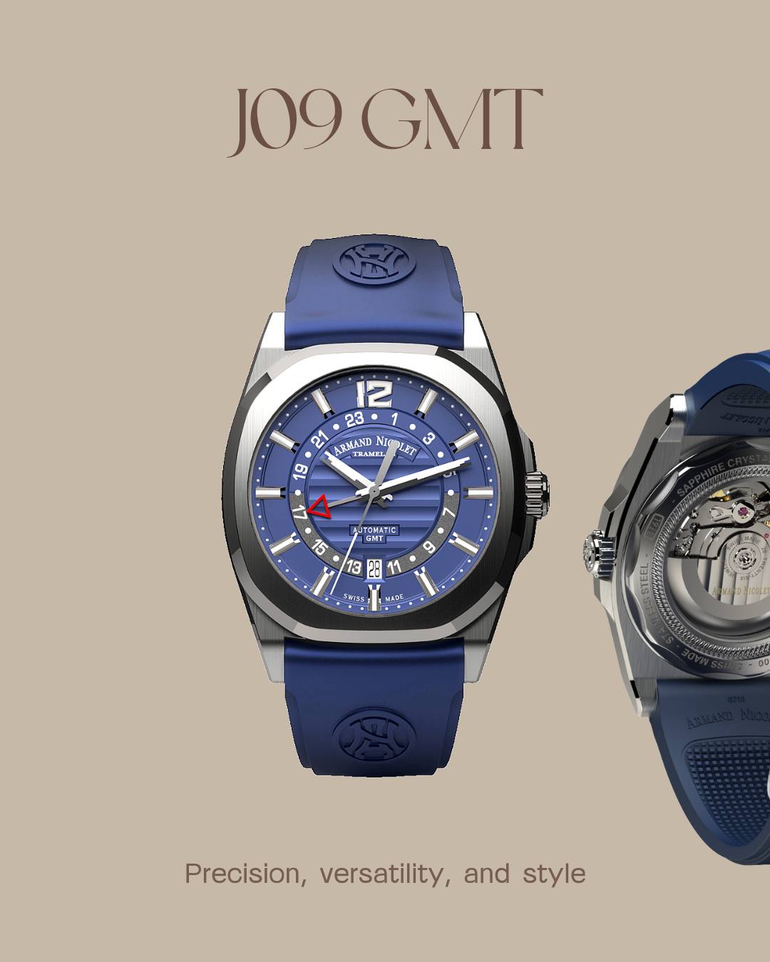 Two time zones.
One timepiece.
J09 GMT
Designed for those who move between places, living time without boundaries.
Precision, versatility, and style, always on your wrist.