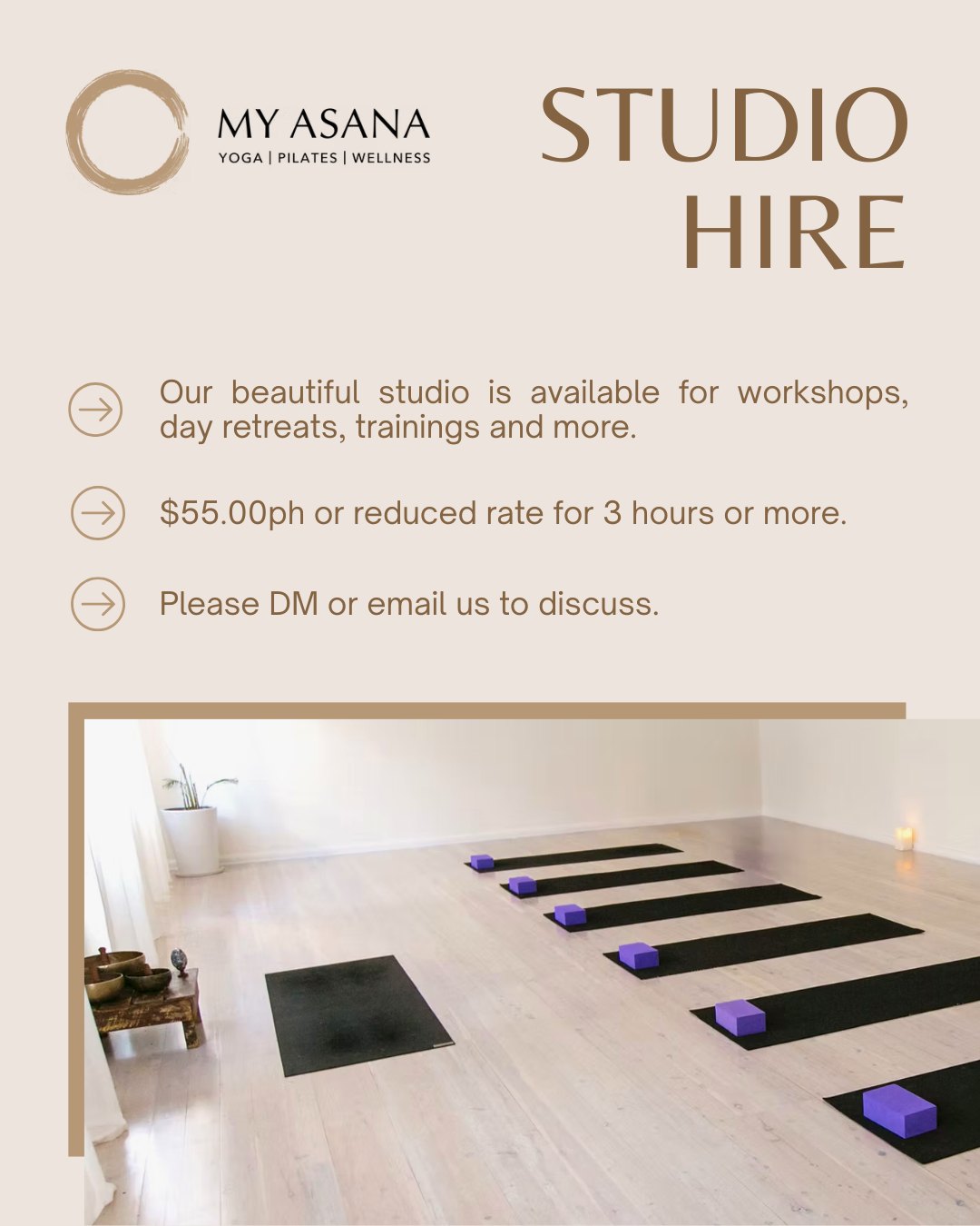 Looking for a beautiful, welcoming space to host your next workshop, training, day retreat or wellness event? ✨
Our boutique studio is available for hire and offers a calm, light-filled environment designed to support connection, learning and meaningful experiences.
To learn more or make a booking, please send us a DM or email to discuss 🙏
📨 yoga@myasana.com.surely