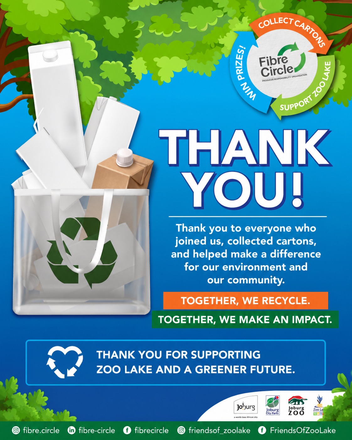 💚 THANK YOU! ♻️
A huge thank you to everyone who joined us at Zoo Lake for our World Environment Day carton collection and clean-up.
Together, we:
✅ Collected 87 bags of cartons
✅ Generated R4 350 for the Zoo Lake Users Committee
✅ Removed 85 bags of litter from the park
✅ Helped create a cleaner, greener Zoo Lake for all to enjoy
From the learners who collected cartons, to the families who joined the clean-up, fed the ducks, enjoyed the jumping castle and face painting, and everyone who supported the initiative – thank you for making a difference.
A special thank you to our partners, volunteers and schools who helped bring this event to life.
Together, we recycle.
Together, we make an impact. 🌍
@fibre.circle Fibre Circle
#WorldEnvironmentDay #RecycleForZooLake #FibreCircle #ZooLake #Recycling #Johannesburg #CommunityCleanup #KeepJoburgClean #LBPRecycling
#GiveBackToNature #EcoAction #LegacyOfZooLake #CleanUpZA #FunAtZooLake #JoburgEvents #CommunityFun #NatureLovers #ZooLakeCleanUp #Sustainability #CommunityAction #RecycleDrive #SaveTheDate #MakeADifference #RecycleForChange #DonateYourRecyclables #CircularEconomy #KeepJoburgClean #CommunityImpact #RecyclingMatters