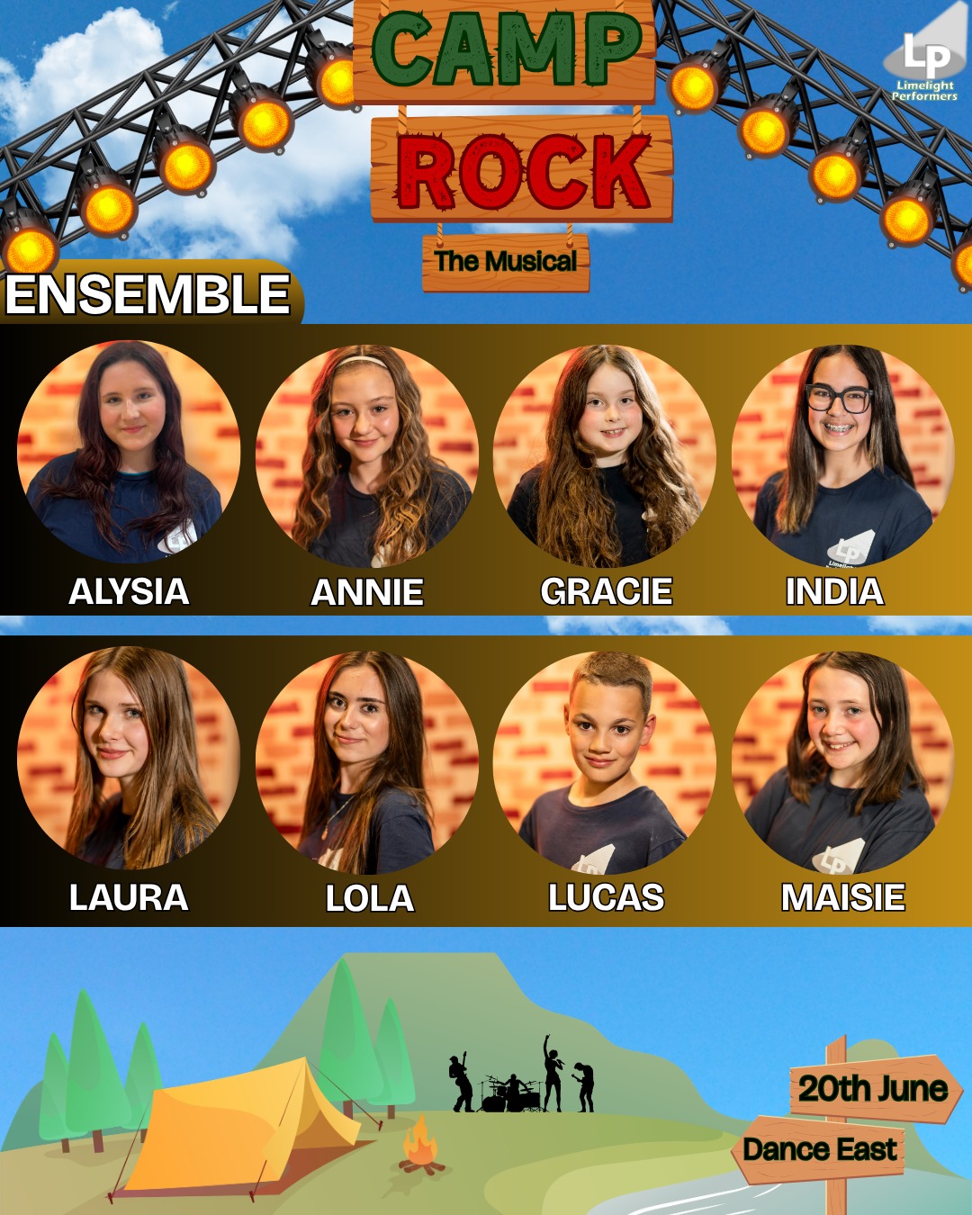 ⛺ MEET THE CAST OF CAMP ROCK! 🎸
Introducing our amazing ensemble...
✨ Alysia, Annie, Gracie, India, Laura, Lola, Lucas & Maisie
There's still time to get tickets! 🤩
🗓: 20th June 2026 (2pm & 7pm)
📍: @danceeast
🎟: link in bio!
📸 @bigfishphoto1
#CampRockJr #CampRock #CampRockMusical #LimelightPerformers #LimelightYoungPerformers #YouthTheatre #DanceEast #MusicalTheatre #IpswichEvents #SuffolkEvents #IpswichTheatre