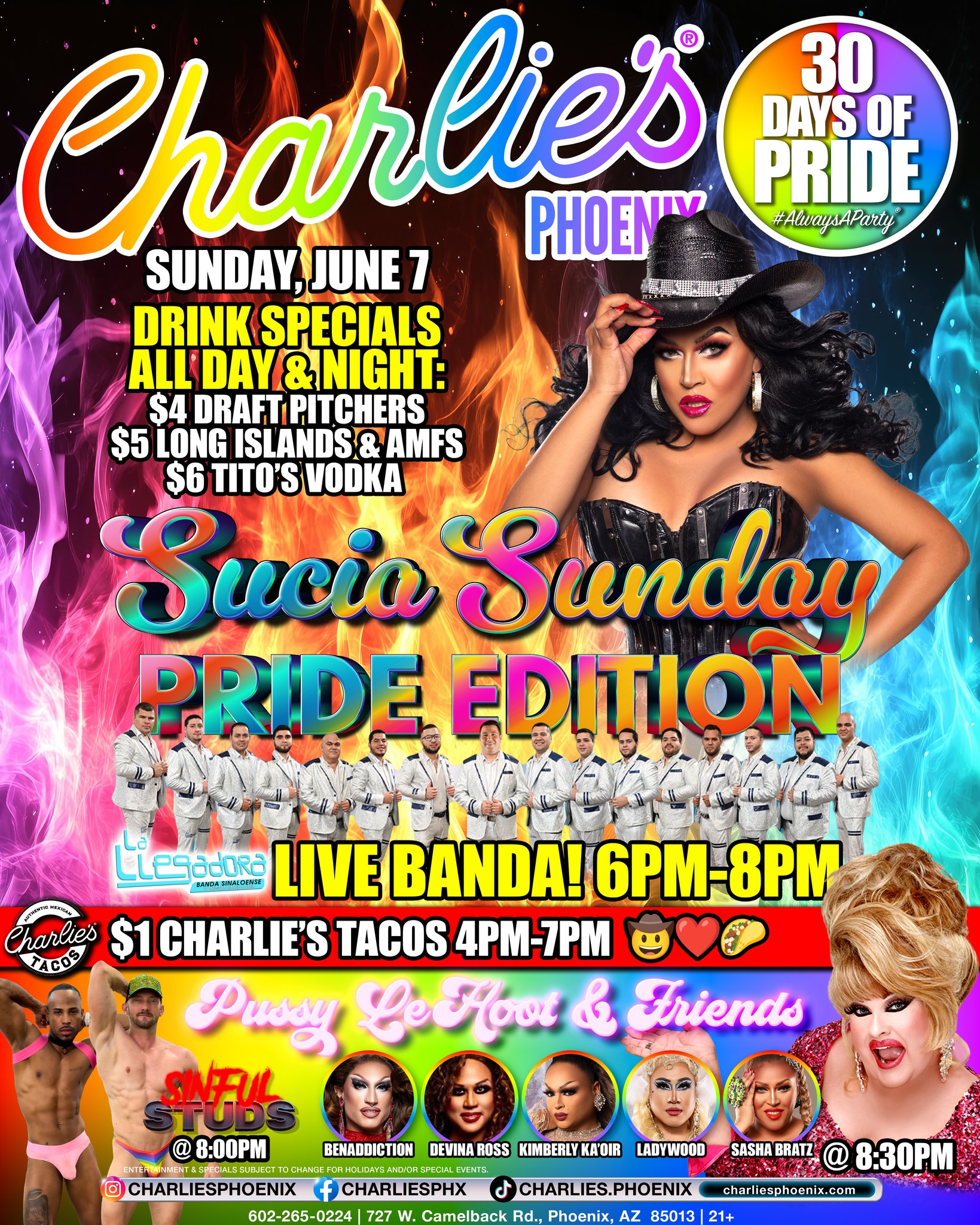 ๐ณ๏ธโ๐ It's SUCIA SUNDAY Pride Month Edition today at Charlie's Phoenix! ๐ณ๏ธโ๐
โ๏ธ Charlie's Phoenix opens at NOON with ๐บ $4 Draft Pitchers, ๐น $5 Long Islands & AMFs, ๐ธ $6 Tito's vodka ALL DAY & NIGHT!!!
๐ฅ๐ฅ๐ฅ Super Happy Hour 4pm-7pm! ๐ฒ๐ฝ๐ถ Live Banda ๐บ๐ฅ 6pm-8pm hosted by Sasha Bratz! ๐๐พ
๐ด Ryder's Rough Riders IGRA Benefit Show at 4:00pm! ๐
๐ค ๐ฉท๐ฎ Charlie's Tacos open 4pm -12am with $1 Tacos 4pm-7pm!!! ๐ฎ๐ฎ
๐๐ช Sinful Studs Gogos at 8:00pm! ๐๐
๐ฑ๐ฏโโ๏ธ Pussy LeHoot & Friends at 8:30pm featuring Benaddiction, Devina Ross, Kimberly Ka'Oir, LadyWood, and Sasha Bratz! ๐คฉ๐ #SundayFunday #SuciaSunday #LiveBanda #SinfulStuds #CharliesTacos #DrinkSpecials #CharliesPHX #AlwaysAParty