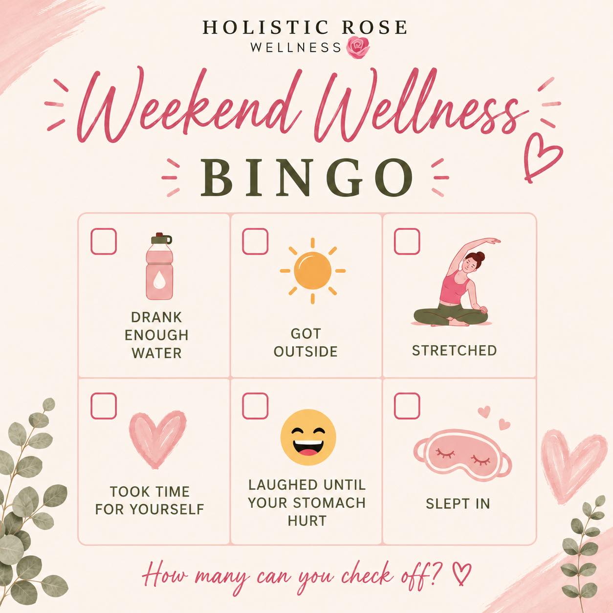 Weekend Wellness Bingo Edition!
Comment below with everything you’ve done this weekend:
☐ Drank enough water 💧
☐ Got outside 🌴
☐ Stretched 🧘🏻♀️
☐ Took time for yourself ⏰
☐ Laughed until your stomach hurt 😂
☐ Slept in 😴
How many can you check off? 👇