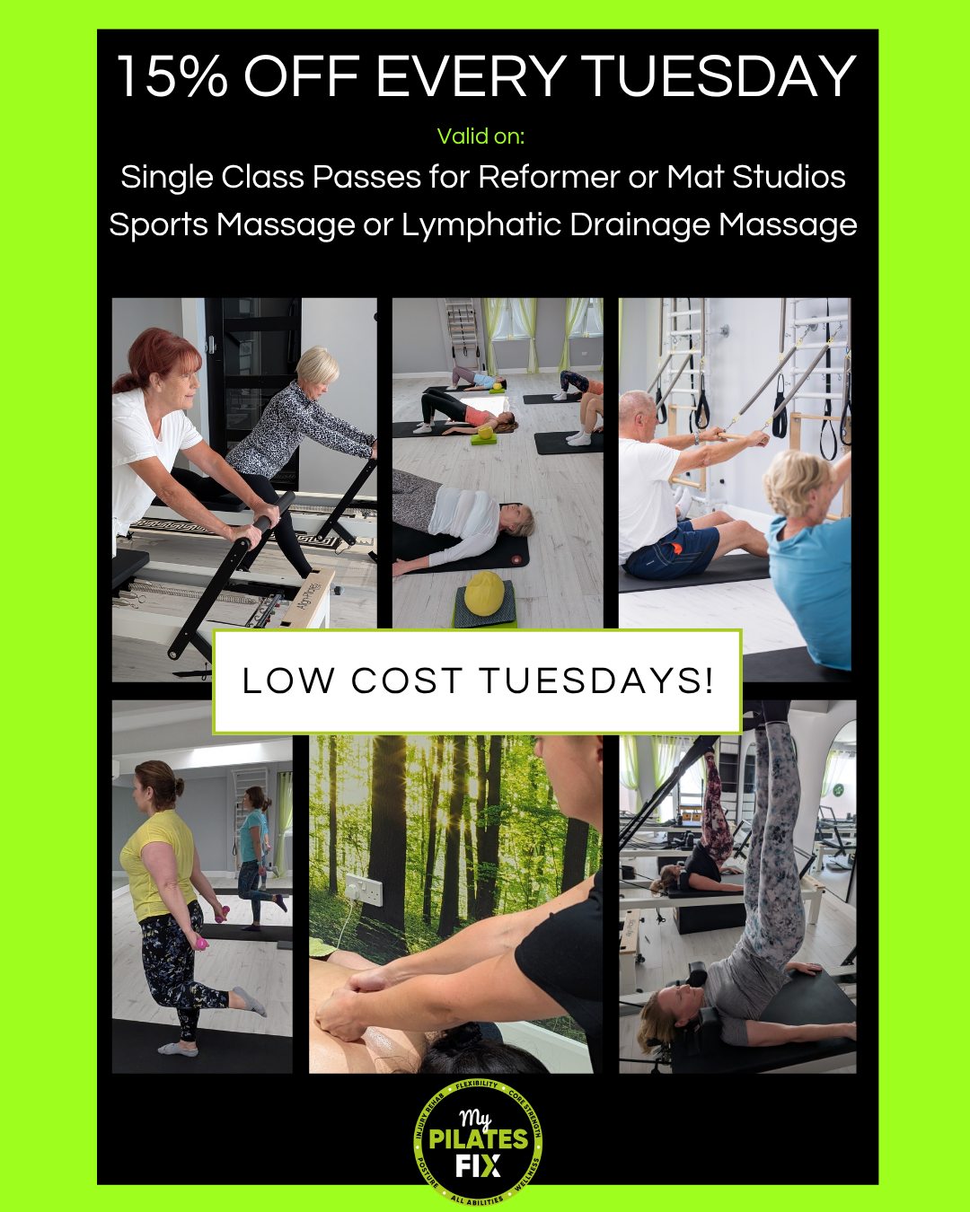 Every Tuesday we have ‘Low Cost Tuesdays’ with 15% off Pilates Matwork (plus 'Gentle' Matwork) classes, 15% off Tower class, 15% off Weights & Resistance class, 15% off Pilates Reformer classes, 15% off Sports Massage, and 15% off Manual Lymphatic Drainage Massage.
Book via our website. Please note that to receive the discount for Pilates classes you must choose and purchase ‘TUESDAYS ONLY – single class pass’ prior to booking your class. Enjoy!
#lymphoedema #manuallymphaticdrainage #pelvicfloorhealth #pilatestechnique #lowimpactworkout #pilatesmatwork #reformerpilatesstudio #softtissuetherapy