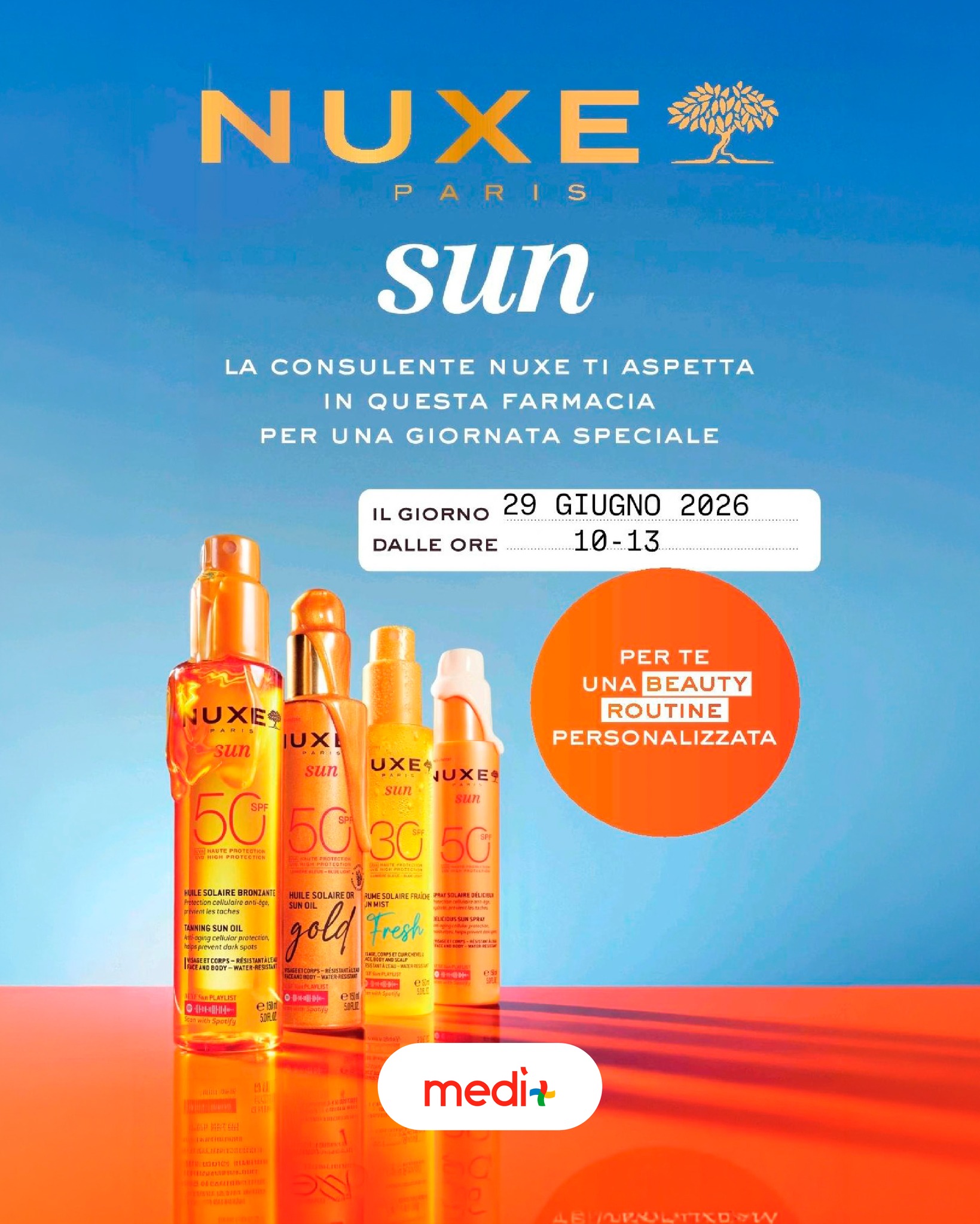Preparati a risplendere quest'estate con Nuxe Sun da Vega Farma! ✨
Unisciti a noi il 29 Giugno 2026 dalle 10:00 alle 13:00 per una consulenza di bellezza speciale. La nostra esperta Nuxe ti guiderà nella scelta della tua routine solare personalizzata per un’abbronzatura dorata e una pelle sana. ☀️
Non mancare! Ti aspettiamo!
#Medì #NuxeSun #PelleBaciataDalSole #RoutineEstiva #EventoBellezza