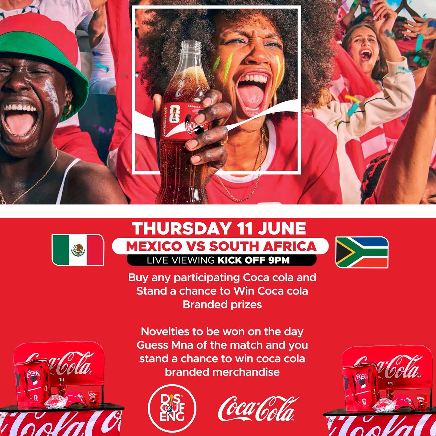 🇿🇦 BAFANA BAFANA VS MEXICO THIS THURSDAY! 🔥
Live viewing at Disoufeng Pub – Kick off 9PM sharp!
Buy any participating Coca-Cola & stand a chance to win Coca-Cola branded prizes! 🏆
Guess the Mna of the match & take home merch!
Good vibes, goals & cold drinks only! Come through Soweto family 🇿🇦🍾
📍 Disoufeng Pub | 11 June | Don’t miss it!
#BafanaBafana #MexicoVsSouthAfrica #DisoufengPub #WorldCup2026 #CocaCola #SowetoVibes #LiveFootball