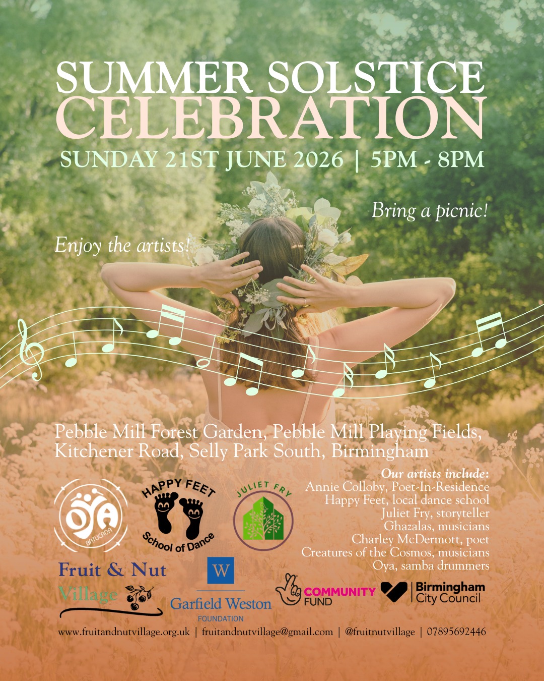 Summer Solstice Celebration!
Sunday 21st June 2026 | 5 pm to 8 pm
Join us for an early‑evening gathering, filled with creativity, community, and sunshine. Bring a picnic, enjoy brilliant local artists, and celebrate the longest day of the year in our beautiful Pebble Mill Forest Garden.
We’re thrilled to welcome:
• Annie Colloby, Poet‑in‑Residence
• Happy Feet Dance School
• Juliet Fry, storyteller
• Ghazalas, musicians
• Charley McDermott, poet
• Creatures of the Cosmos, musicians
• Oya, samba drummers
It’s free, family‑friendly, and open to everyone. Come along, relax in the forest, and soak up the solstice magic.
Pebble Mill Forest Garden – Pebble Mill Playing Fields, Kitchener Road, Selly Park South, Birmingham, B29 7QE, through the cut at the end of Cecil Road, W3W glitz.added.always
#SummerSolstice #PebbleMill #ForestGarden #Artists #Picnic