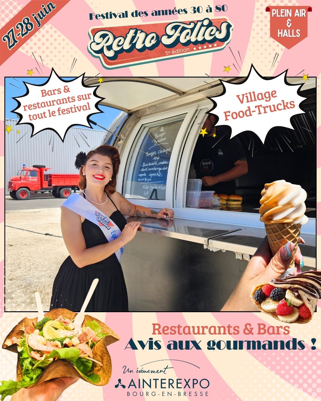 🍔🍦🍹𝑨̀ 𝑹𝒆𝒕𝒓𝒐 𝑭𝒐𝒍𝒊𝒆𝒔, 𝒍𝒂 𝒏𝒐𝒔𝒕𝒂𝒍𝒈𝒊𝒆 𝒐𝒖𝒗𝒓𝒆 𝒍'𝒂𝒑𝒑𝒆́𝒕𝒊𝒕 !
Entre deux concerts, une parade de véhicules ou un concours Pin-Up, prenez le temps de faire voyager aussi vos papilles. Cette année encore, les trois halls du festival regorgent de saveurs pour tous les goûts et toutes les envies.
🌮 Burgers gourmands, tacos, poutine et spécialités street-food
🌭 Hot-dogs à l'américaine et snacks rétro
🥩 Viandes mijotées, côte de bœuf et recettes généreuses d'antan
🐟 Cuisine bistronomique et produits du terroir
🥞 Crêpes, glaces artisanales, muffins et douceurs sucrées
☕ Cafés, thés et chocolats chauds pour les pauses gourmandes
Côté bars, laissez-vous tenter par les boissons surprises spécialement imaginés pour le festival :
✨ Summer Swing
🌴 Planteur des Îles
🍓 Mambo Rosa
🌺 Tikin'Up
🍋 Flor de Mojito
Des recettes originales, des produits locaux, des associations passionnées et des restaurateurs qui vous accueillent dans une ambiance conviviale tout au long du week-end.
❤️ Parce qu'un vrai voyage dans le temps passe aussi par les plaisirs de la table.
📍 Retro Folies – 27 & 28 juin 2026
📍 Ainterexpo Bourg-en-Bresse
Comité des Fêtes 01 @tacotclubain @diamsclub @dancyclubbourg @unepinupdansleretro @arcma01 @udsp01
#RetroFolies #RetroFolies2026 #FoodFestival #StreetFood #Gourmandise #Cocktails #FoodTruck #GlaceArtisanale #BourgenBresse #Ainterexpo #Vintage #SortieEnFamille