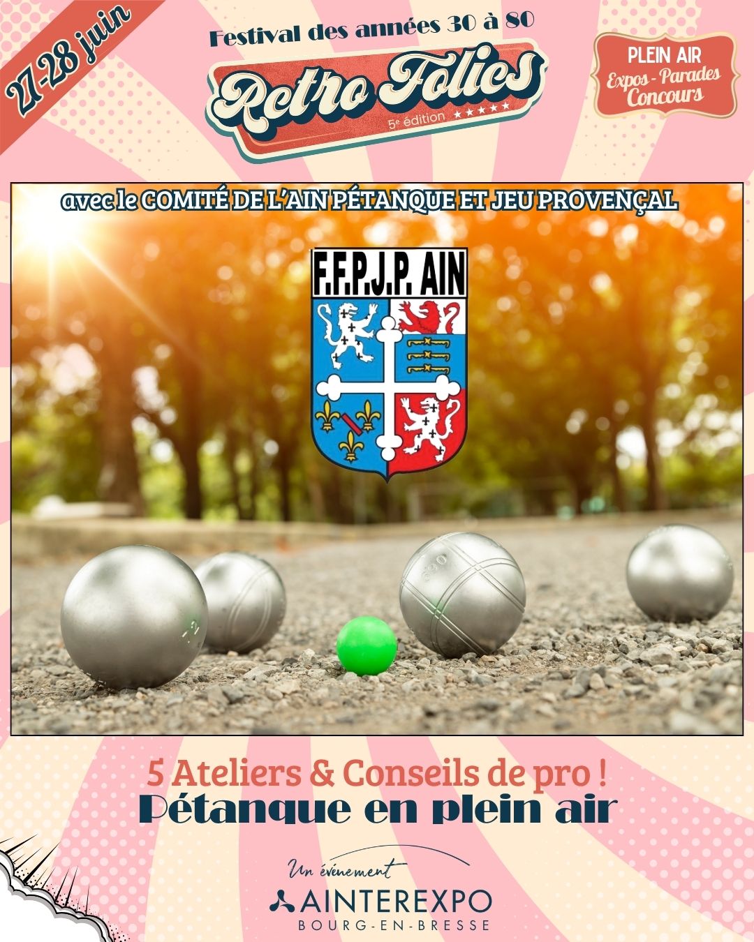 ☀️🎯 Il suffit parfois d’un terrain, de quelques boules en acier et d’amis autour pour retrouver l’ambiance des plus beaux étés…
À Retro Folies, avec le COMITÉ DE L’AIN PÉTANQUE ET JEU PROVENÇAL, la pétanque s’invite en plein air pour faire revivre ces tournois de village où l’on jouait autant pour gagner… que pour le plaisir d’être ensemble ❤️
𝟱 𝗮𝘁𝗲𝗹𝗶𝗲𝗿𝘀 𝘀𝘂𝗿 𝘁𝗼𝘂𝘁 𝗹𝗲 𝘄𝗲𝗲𝗸-𝗲𝗻𝗱 !
👉 Que vous soyez tireur d’élite ou champion de l’apéro, venez tester votre adresse et profiter d’ateliers et conseils de tir pour perfectionner votre jeu.
🎯 Techniques, précision, astuces et bonne humeur seront au rendez-vous pour vous aider à briller lors de vos prochains concours entre amis ou tournois estivaux.
Parce qu’il y a des traditions qui traversent les générations sans jamais perdre leur charme.
🎫 Réserve ton pass ici > bit.ly/RetroFolies26
@ain.le.departement @ffpjp_officiel
#RetroFolies #Petanque #EspritGuinguette #TournoiDeVillage #Vintage #JeuxTraditionnels #BourgenBresse #FestivalRetro #Convivialite #SummerVibes