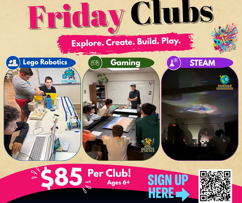 FRIDAY CLUBS ARE HERE!
Looking for fun, hands-on learning opportunities for your student in Tucson? Join us every Friday at Prolific Creation Studios for engaging clubs that combine creativity, problem-solving, teamwork, and fun!
🧱 LEGO Robotics Club
⏰ 8:00 AM – 9:30 AM
Students design, build, and program LEGO creations while learning:
✅ Engineering Concepts
✅ Robotics & Coding Basics
✅ Critical Thinking
✅ Teamwork & Problem Solving
🎮 Gaming Club
⏰ 9:30 AM – 11:00 AM
More than just video games! Students rotate through:
🎮 Minecraft Challenges
🃏 Trading & Strategy Card Games
🎲 Board Games
🐉 Dungeons & Dragons Adventures
Gaming Club helps develop:
✅ Social Skills
✅ Strategic Thinking
✅ Creativity & Storytelling
✅ Collaboration & Communication
🔬 Science Explorers STEAM Club
⏰ 11:00 AM – 12:00 PM
Hands-on experiments, engineering challenges, and creative projects that bring science to life!
Students explore:
🌋 Science Experiments
⚙️ Engineering Challenges
🎨 Creative STEAM Projects
🚀 Innovation & Discovery
✨ NEW CLUB COMING SOON!
⏰ 12:00 PM – 1:00 PM
We're working on an exciting new club experience for students. Stay tuned for the announcement!
📍 Located in Tucson, Arizona
👧🧒 Ages 8–14
💲 $85 per club