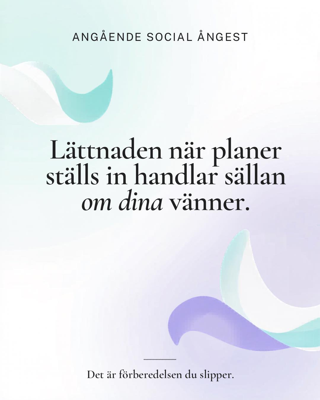 "Hej, vi måste tyvärr flytta fram festen på lördag..."
Och du känner det direkt: lättnad. En riktigt skön lättnad som sköljer genom kroppen.
Sen, två sekunder senare, kommer skammen. "Vad är det för fel på mig? Jag VILLE ju ses. Jag gillar ju dem."
Här är vad lättnaden faktiskt berättar – och det är inte att du är en dålig vän:
Någonstans i dig kostar socialt umgänge mer än det borde. Det handlar inte om att det är fel på de personer du ska träffa, utan för att din kropp förbereder sig för prestation istället för samvaro.
Det är ofta förberedelsen du slipper som leder till lättnaden, inte vännerna. 🤗
Så nästa gång lättnaden kommer, byt ut "vad är det för fel på mig" mot en bättre fråga:
"Vad är det jag gör mig redo för – och varför känns det så krävande?"
Den frågan har ett svar. Och svaret går att jobba med.
Känner du igen den där hemliga lättnaden?
Kommentera gärna här 👇
#socialångest #ångest #högkänslig #psykiskhälsa #självmedkänsla #nervsystemet #inrelugn #personligutveckling #välmående #mentalhälsa #stress #utmattning #introvert #självkänsla #läkning
