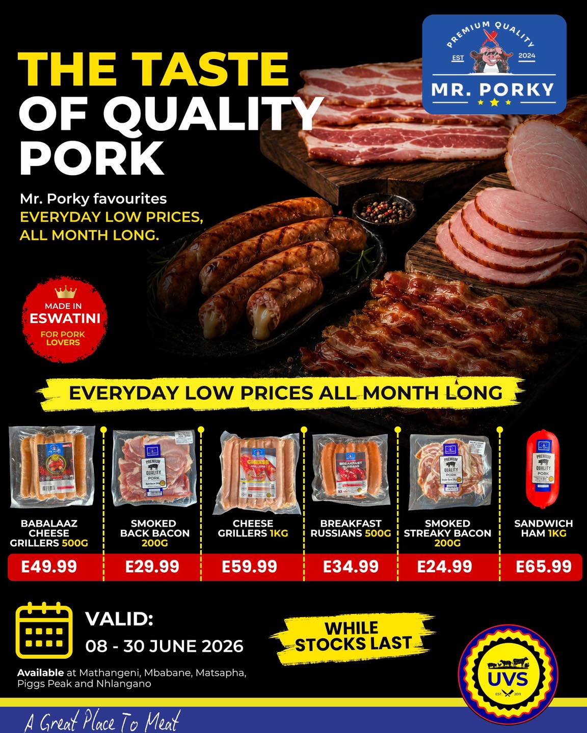 THE TASTE OF QUALITY PORK! 🥓
Mr. Porky’s Everyday Low Prices are here to help you stock up on quality pork without stretching your budget. From bacon and grillers to ham and russians, enjoy great value all month long.
📍Available at all UVS stores while stocks last.
#UVS #MrPorky #EverydayLowPrices #AGreatPlaceToMeat